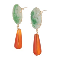 GIA Certified Jadeite Jade Carnelian Yellow Gold Dangle Earrings
