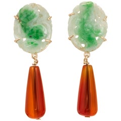 Vintage GIA Certified Jadeite Jade Carnelian Yellow Gold Dangle Earrings