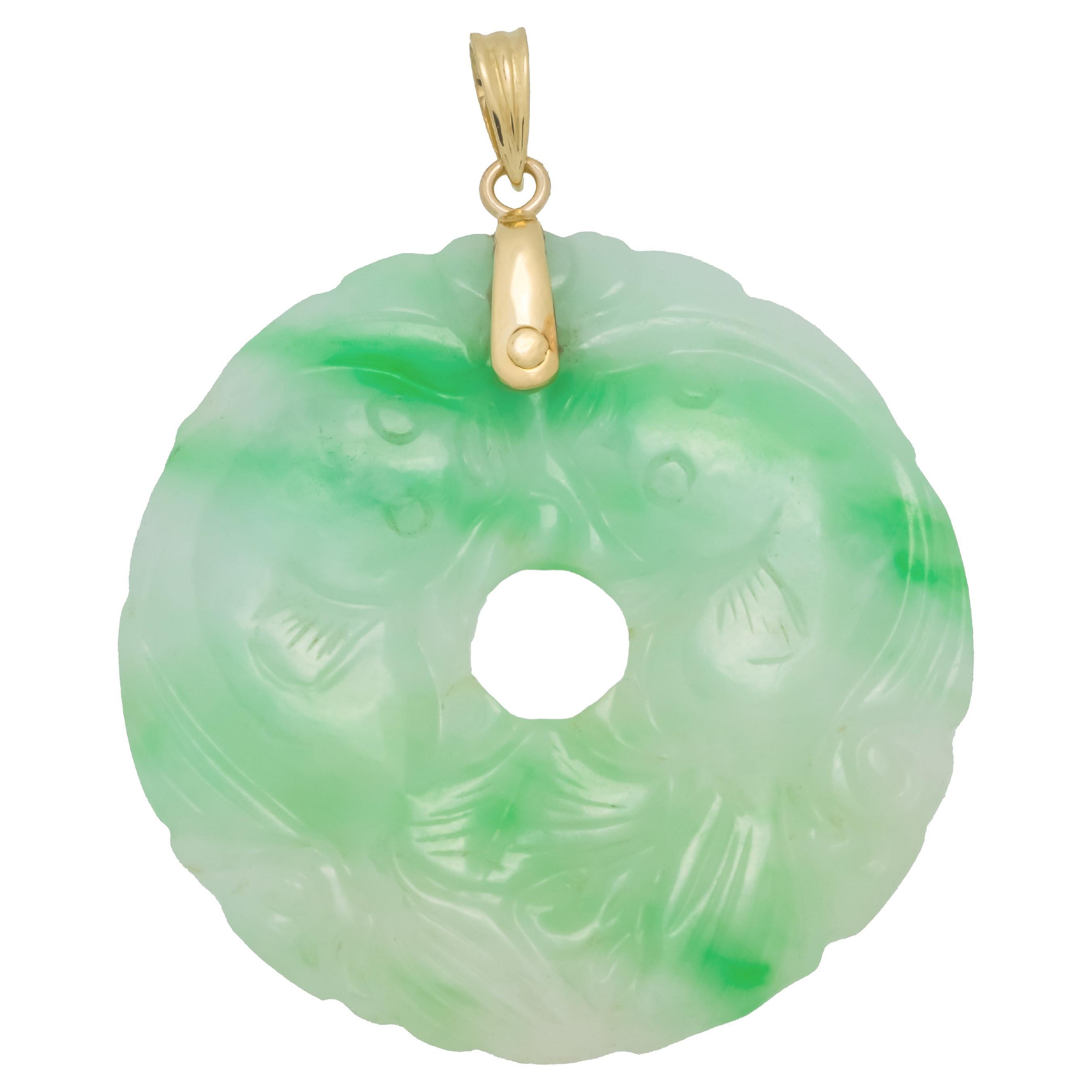 GIA Certified Jadeite Jade Carved Circle Gold Pendant