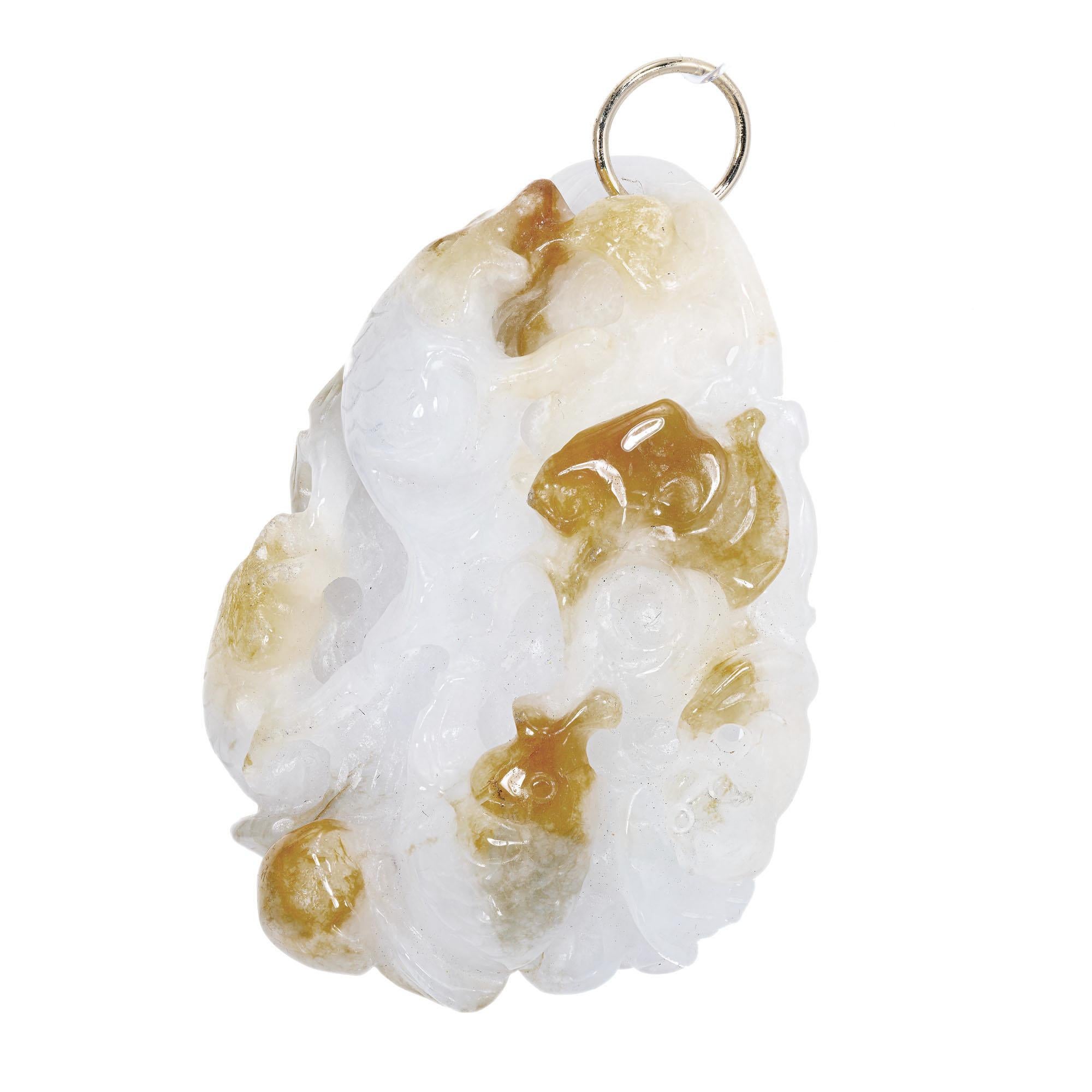 Round Cut GIA Certified Jadeite Jade Carved Koi Fish Yellow Gold Pendant For Sale