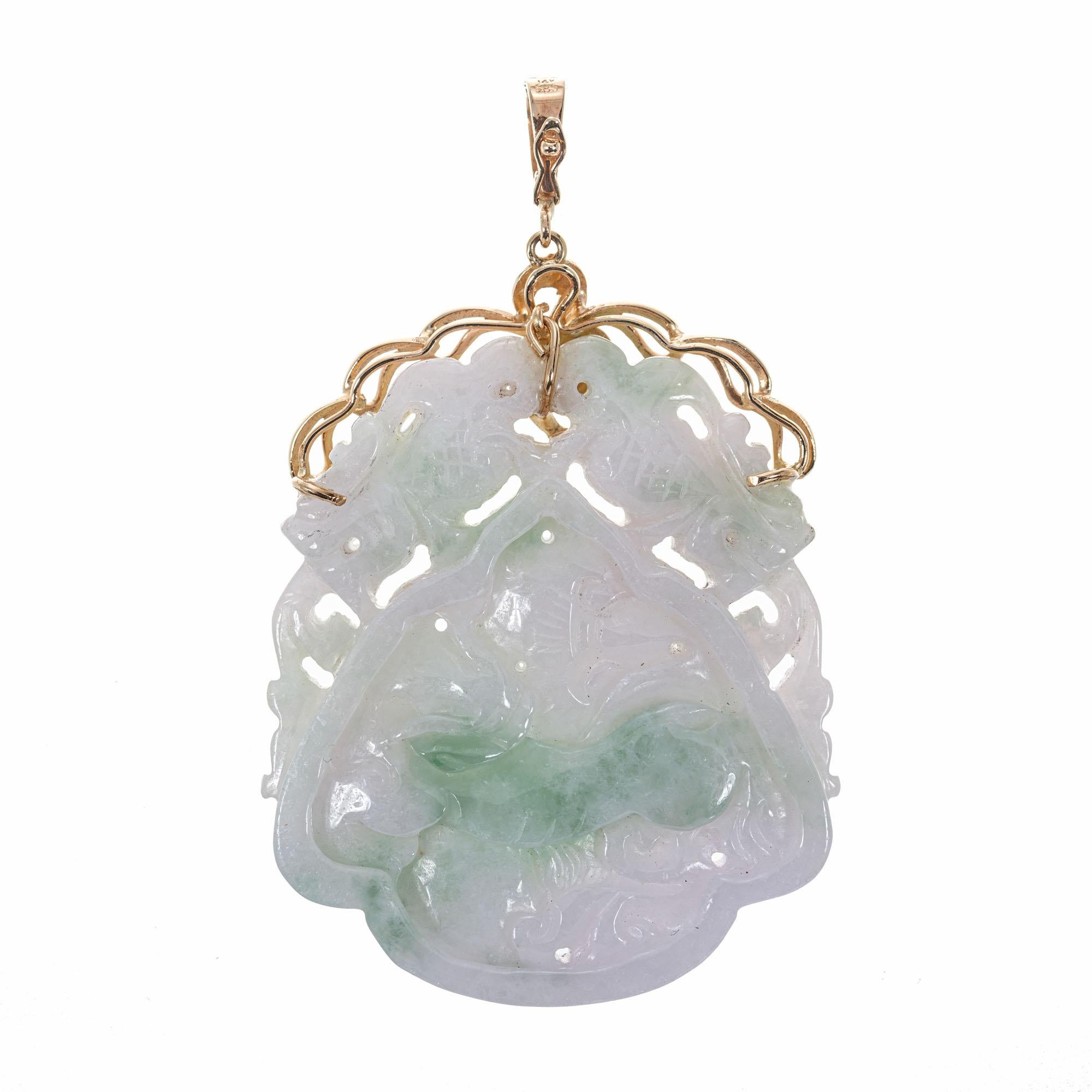 GIA Certified Jadeite Jade Carved Yellow Gold Pendant In Excellent Condition For Sale In Stamford, CT