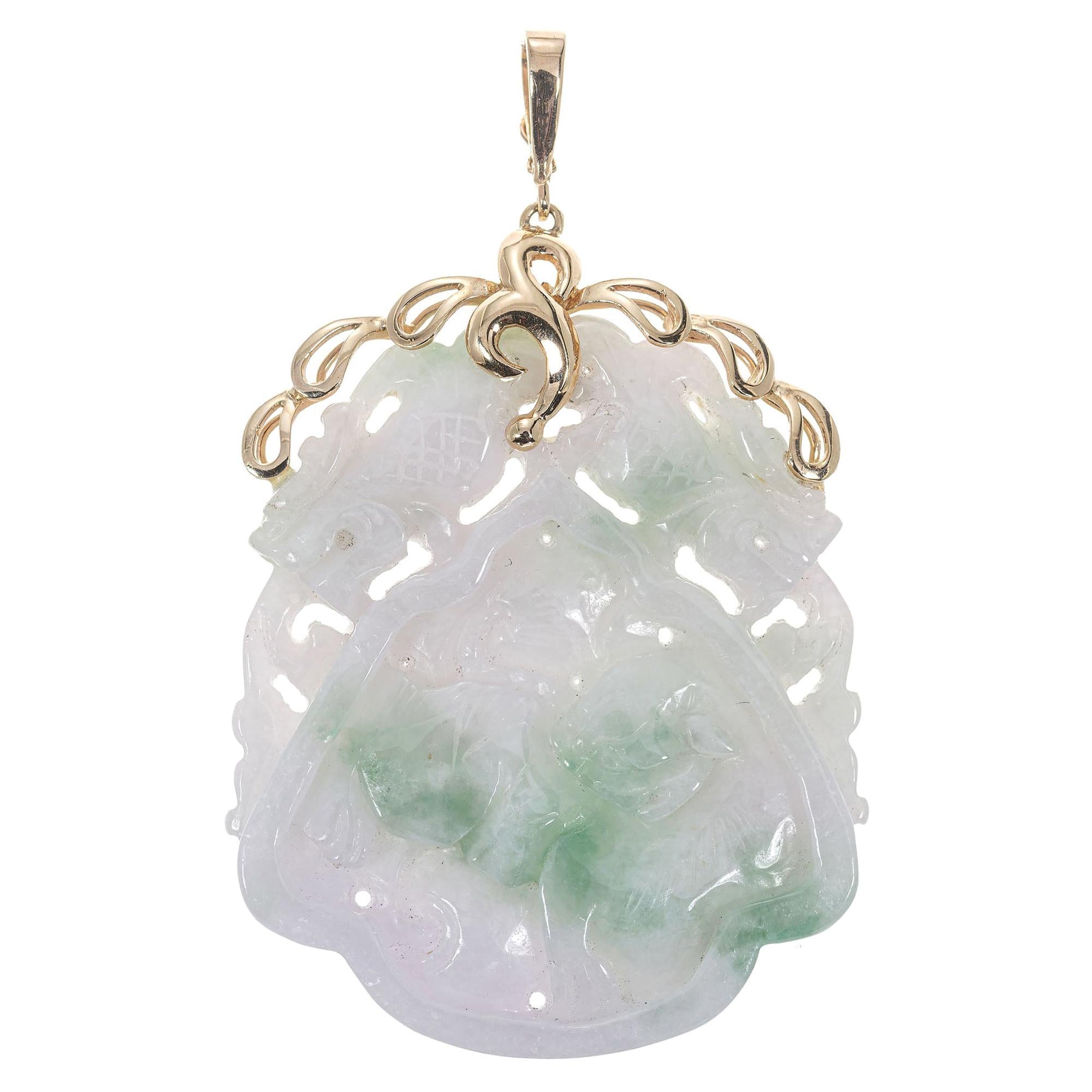 GIA Certified Jadeite Jade Carved Yellow Gold Pendant