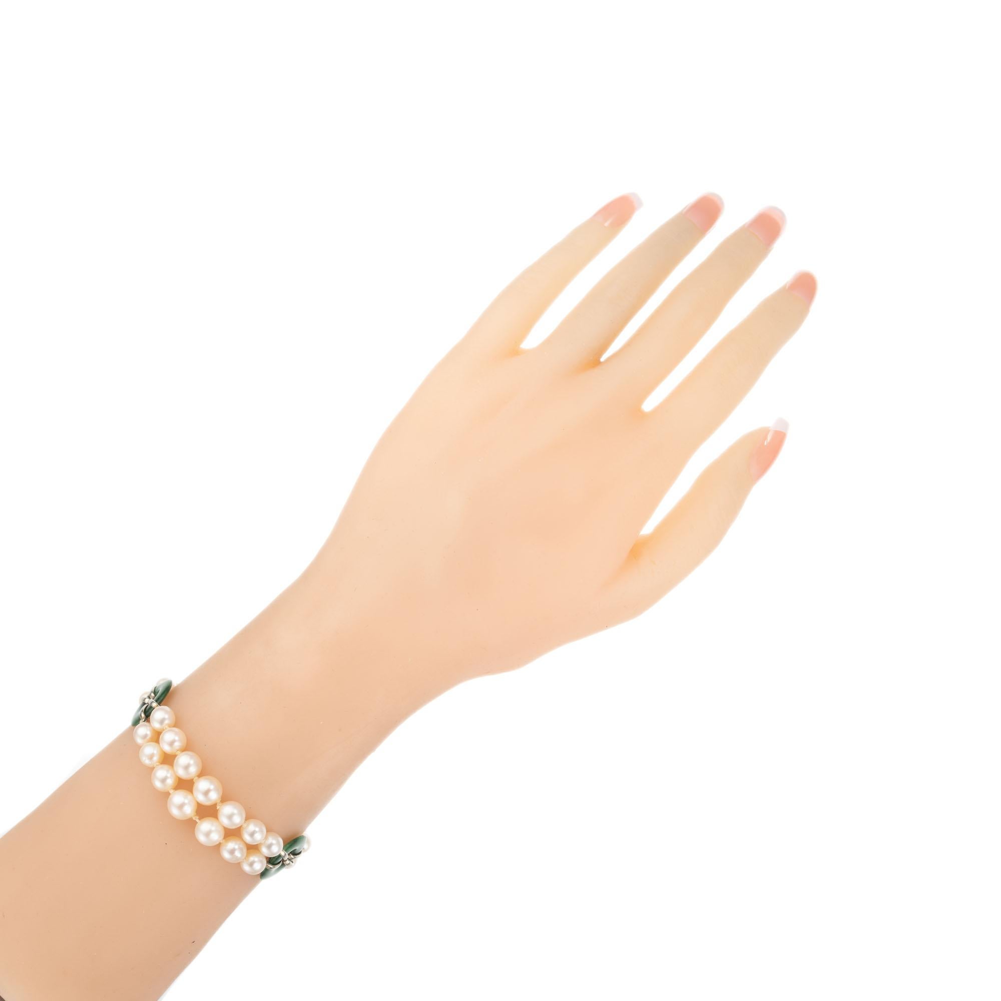 GIA Certified Jadeite Jade Cultured Pearl White Gold Two-Row Bracelet In Good Condition In Stamford, CT