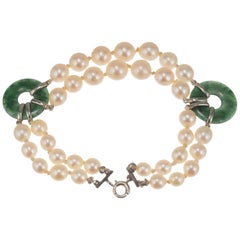 GIA Certified Jadeite Jade Cultured Pearl White Gold Two-Row Bracelet