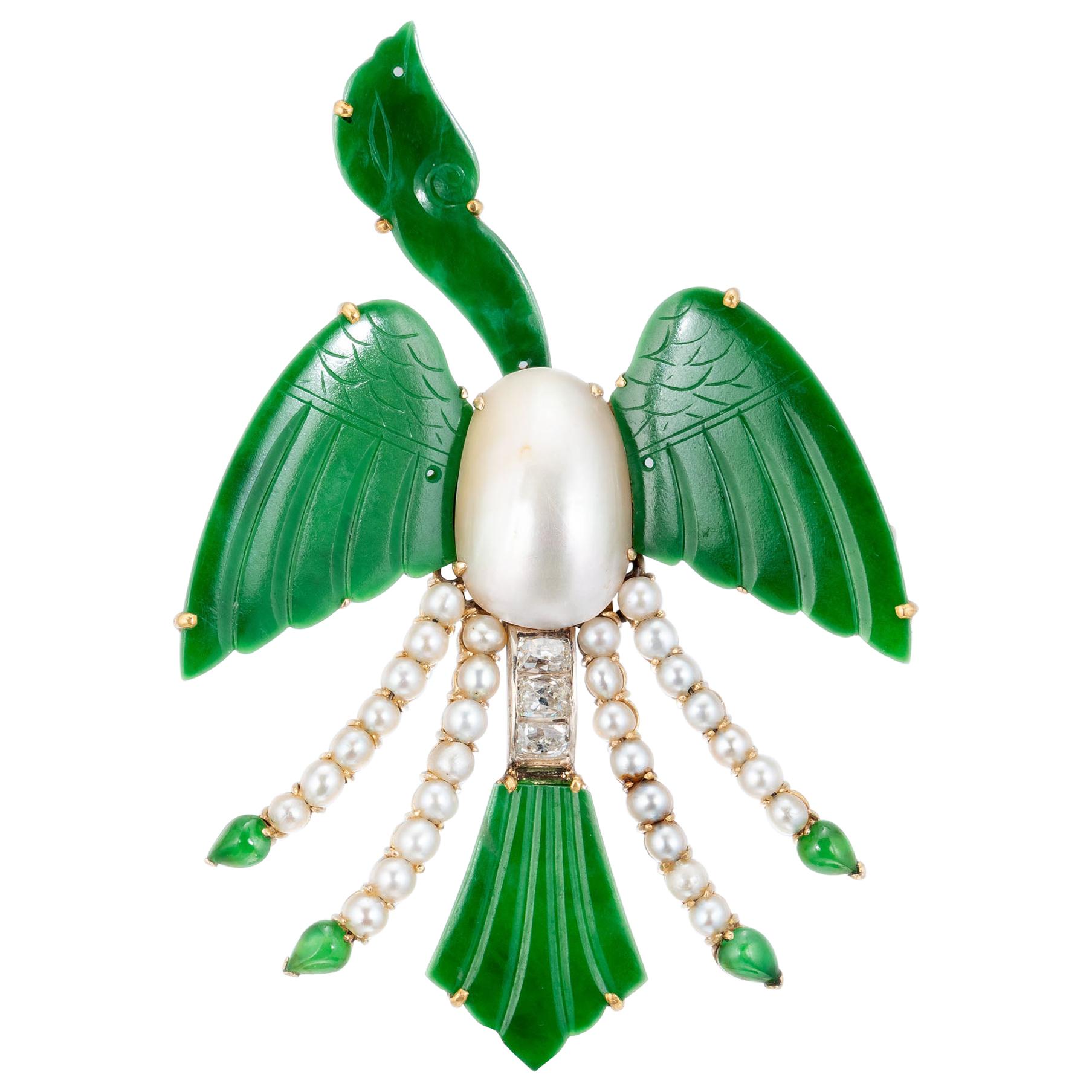 GIA Certified Jadeite Jade Diamond Pearl Yellow Gold Bird Brooch