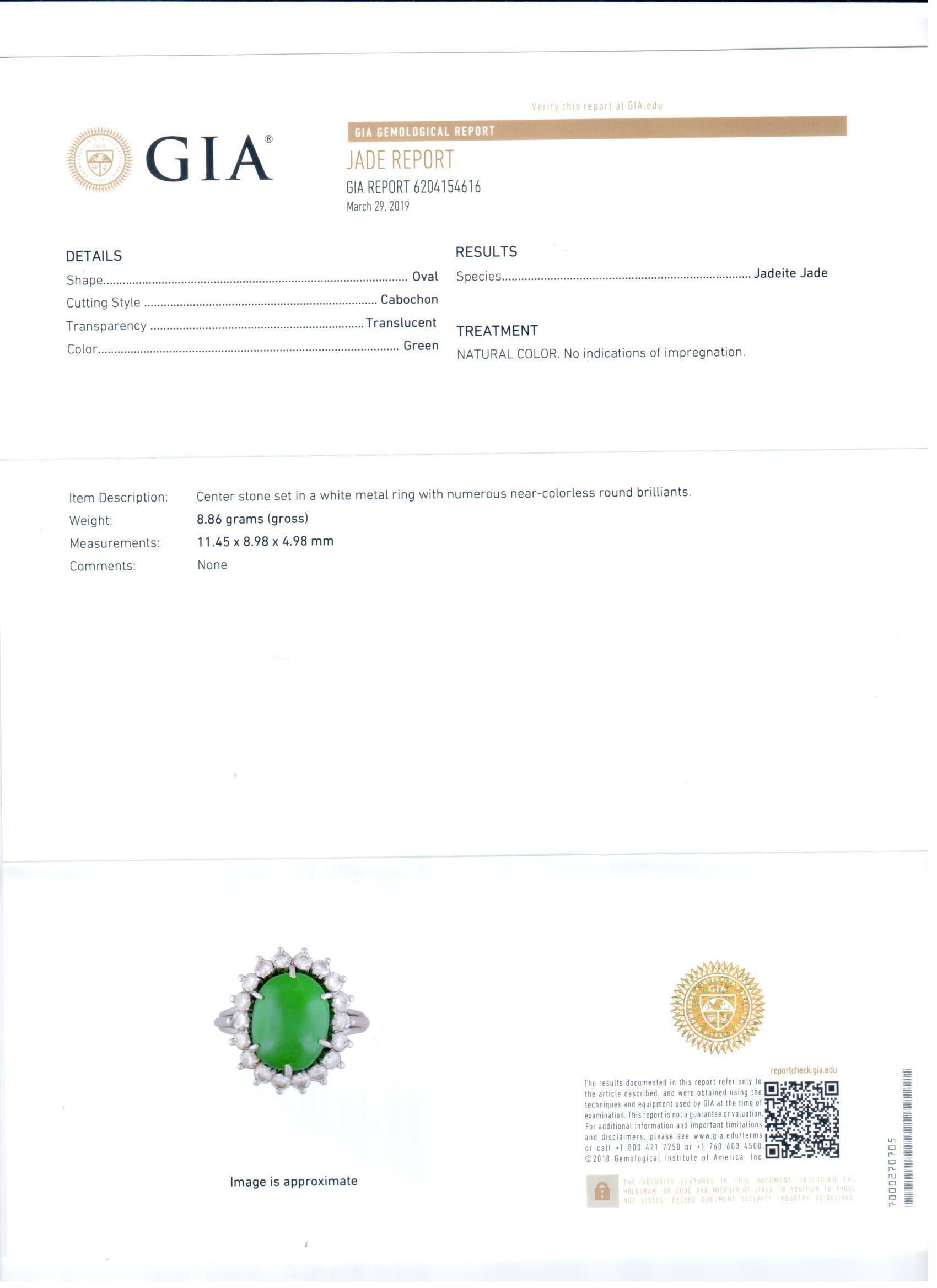 Women's or Men's GIA Certified Jadeite Jade Diamond Platinum Cocktail Ring For Sale