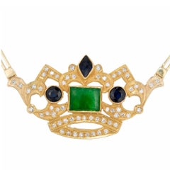 GIA Certified Jadeite Jade Diamond Sapphire Yellow Gold Crown Pendant Necklace