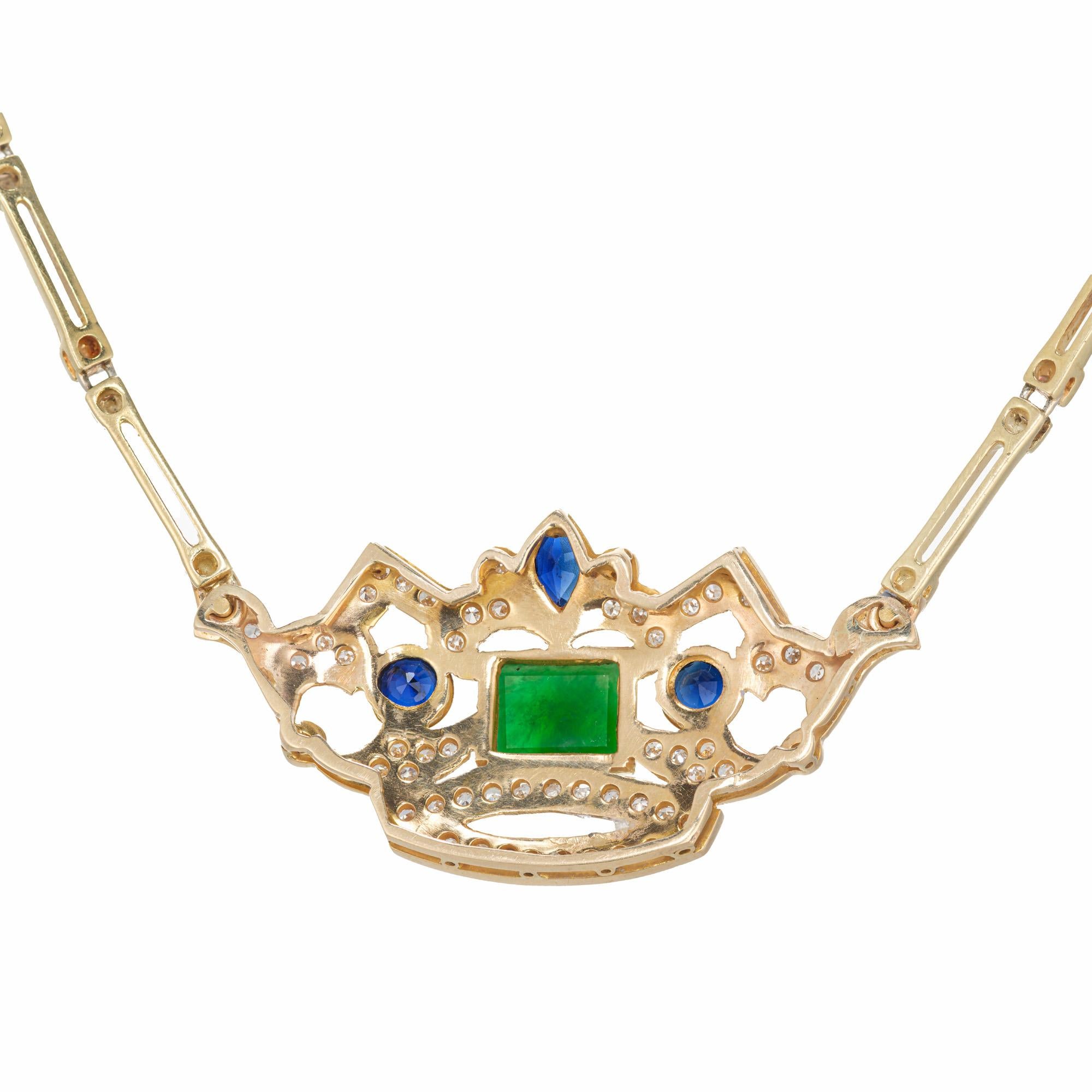 GIA Certified Jadeite Jade Diamond Sapphire Yellow Gold Crown Pendant Necklace  In Good Condition For Sale In Stamford, CT