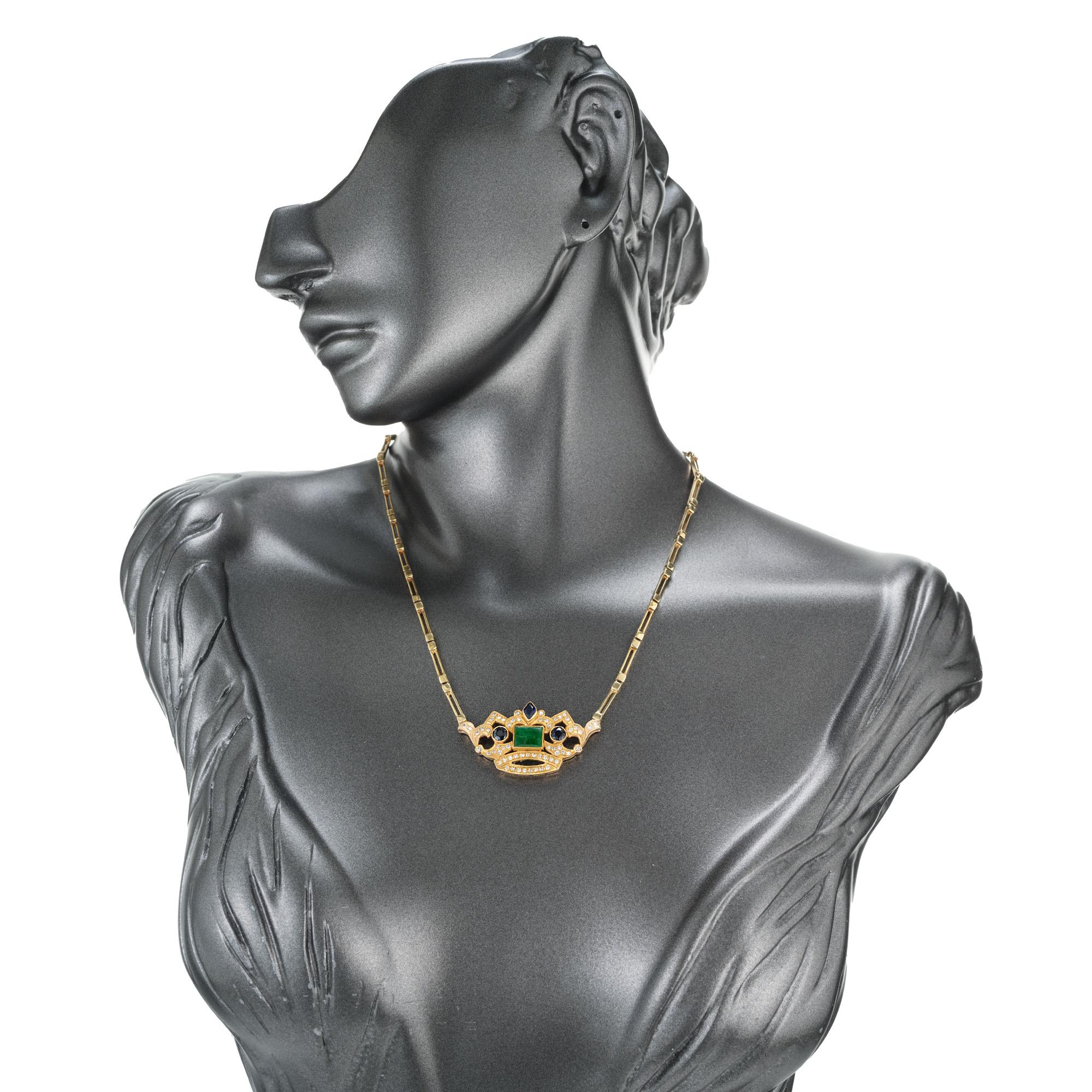 Women's GIA Certified Jadeite Jade Diamond Sapphire Yellow Gold Crown Pendant Necklace  For Sale