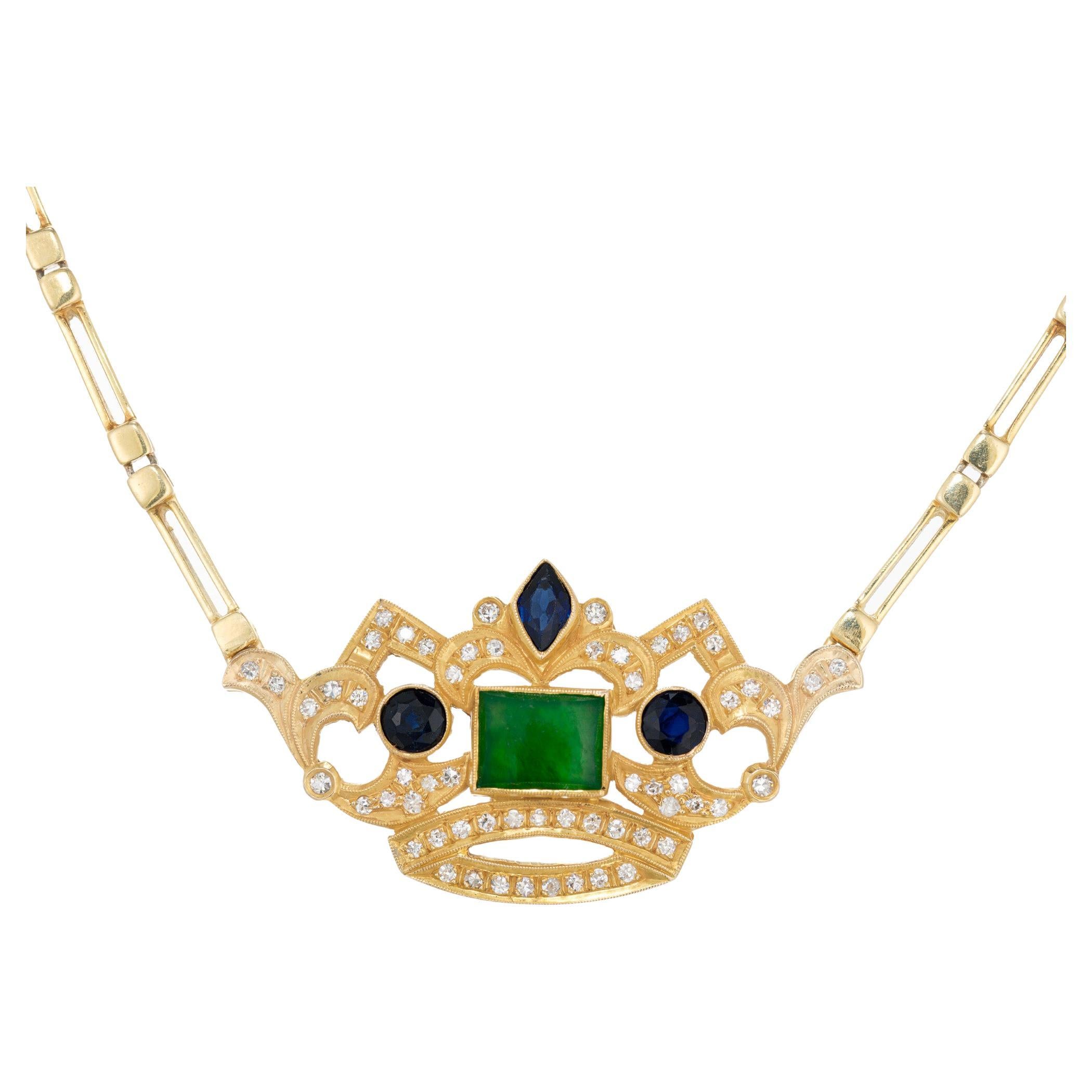 Halskette mit Kronenanhänger, GIA-zertifizierter Jadeit Jade Diamant Saphir Gelbgold 