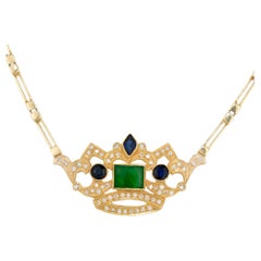Halskette mit Kronenanhänger, GIA-zertifizierter Jadeit Jade Diamant Saphir Gelbgold 