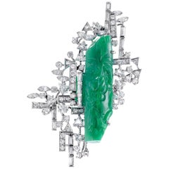 Spilla in oro bianco con diamante e giada di giada certificata GIA