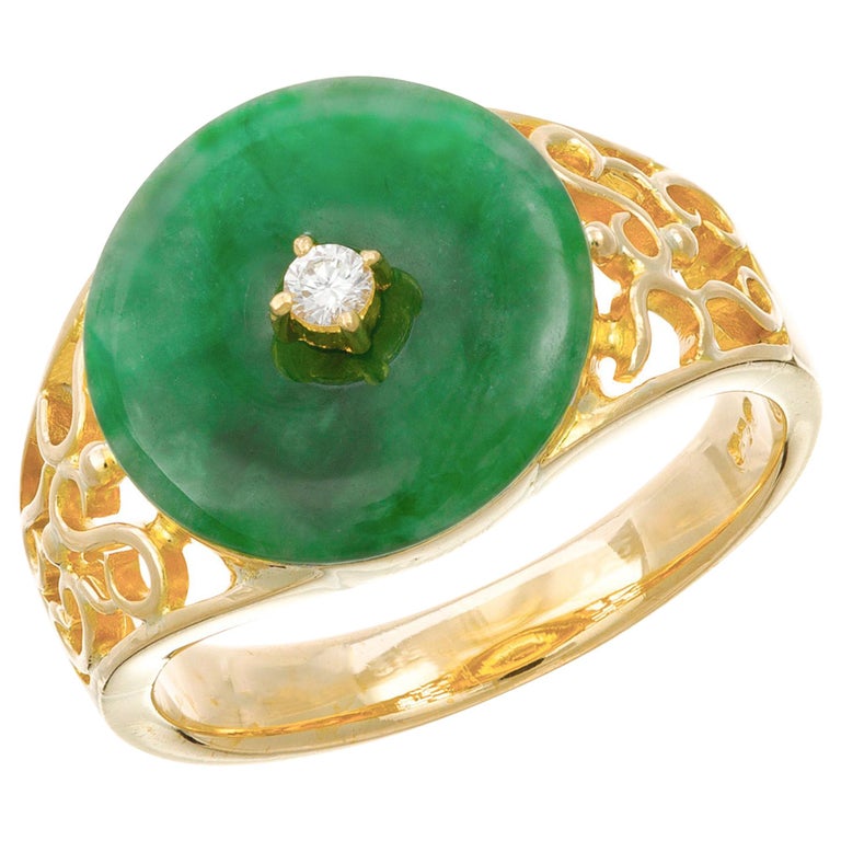 GIA Certified Jadeite Jade Diamond Yellow Gold Ring For Sale at 1stDibs