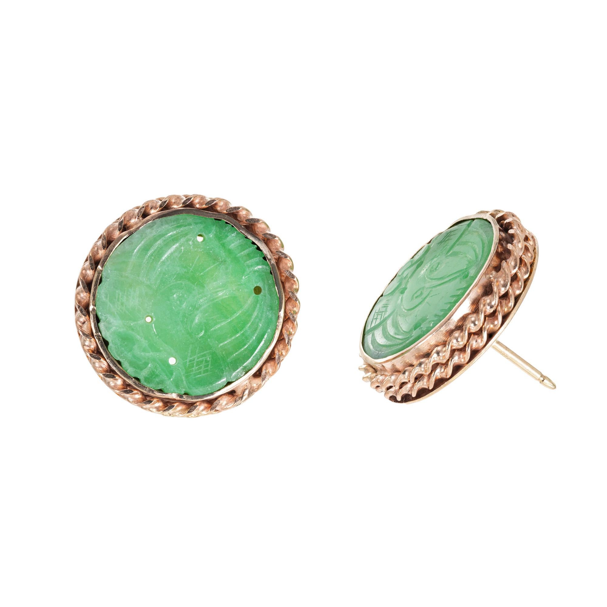 Round Cut GIA Certified Jadeite Jade Gold Carved Round Earrings For Sale