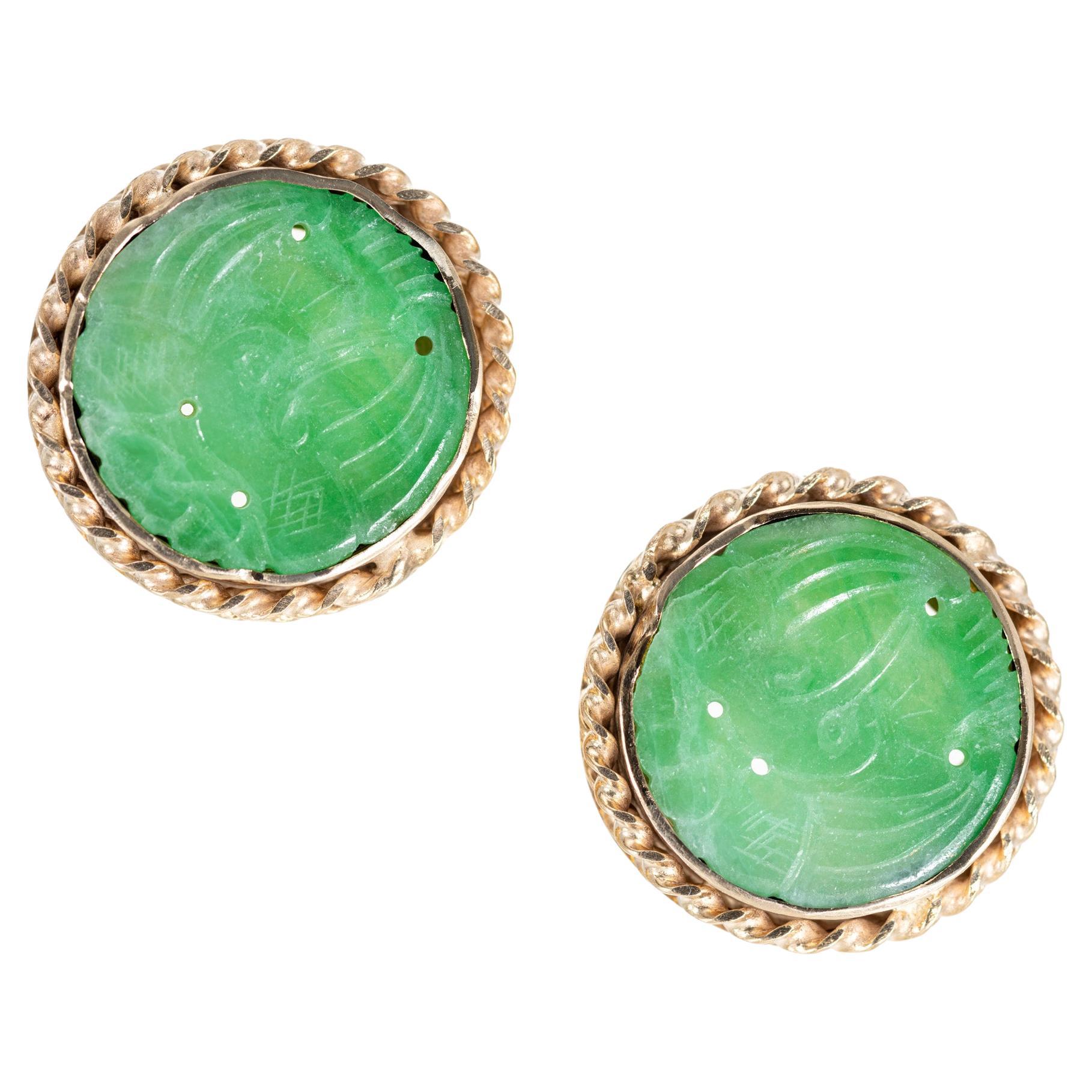 GIA Certified Jadeite Jade Gold Carved Round Earrings For Sale