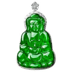 GIA Certified Jadeite Jade Guan Yin Pendant with Diamonds
