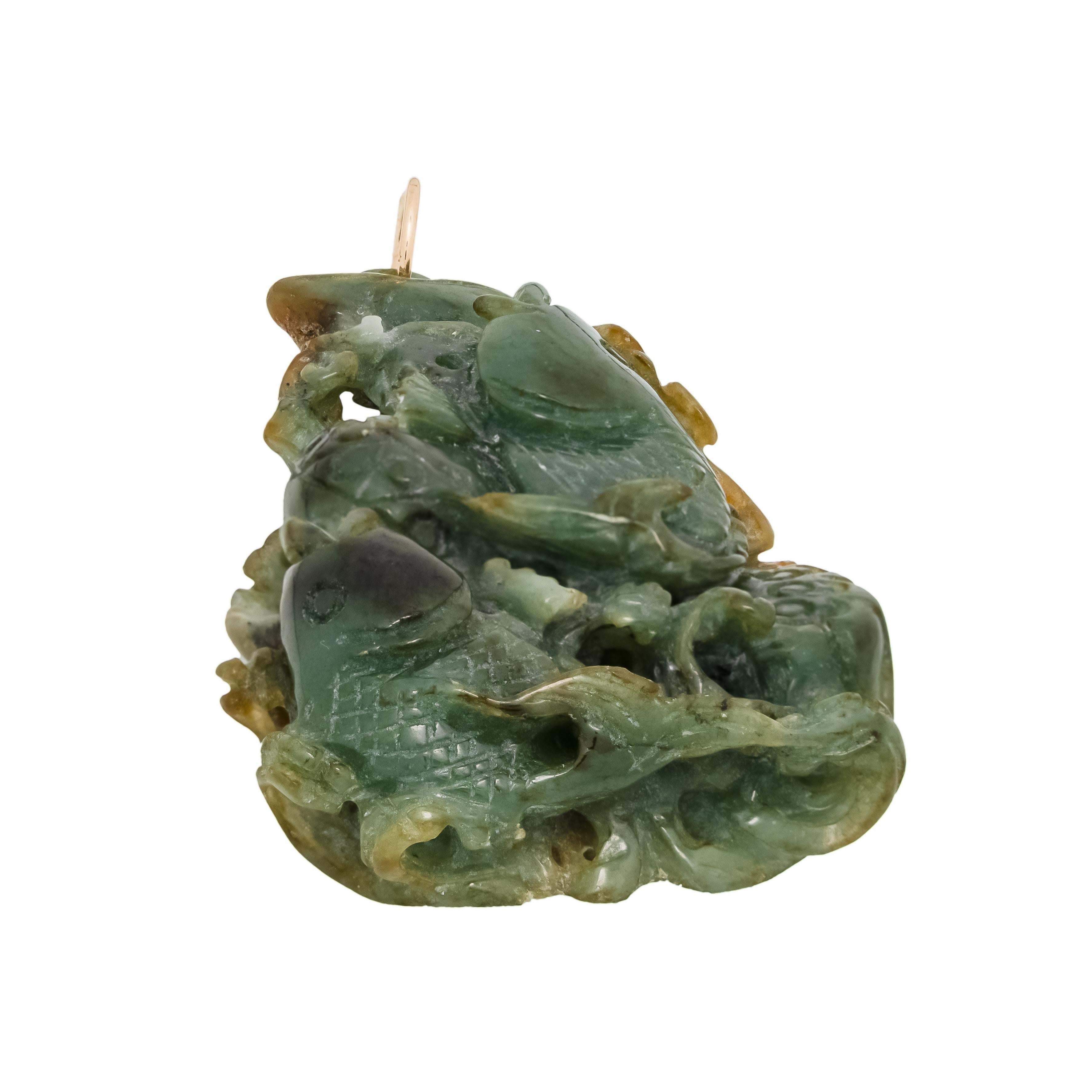 Oval Cut GIA Certified Jadeite Jade Natural Untreated Carved Fish Gold Pendant For Sale