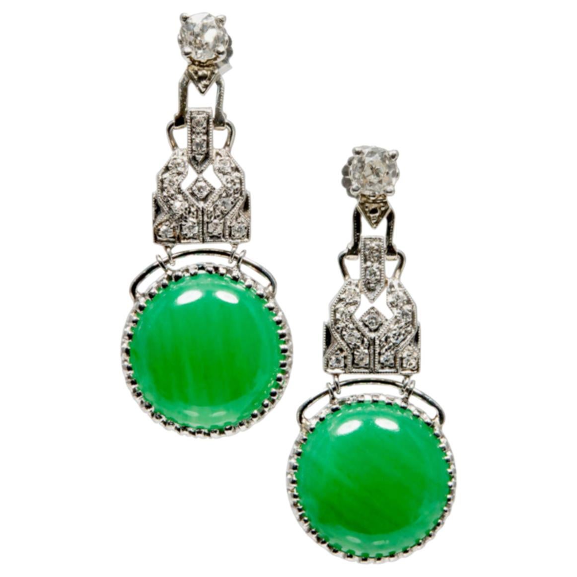 GIA Certified Jadeite Jade Old Mine Diamond Platinum Dangle Earrings For Sale