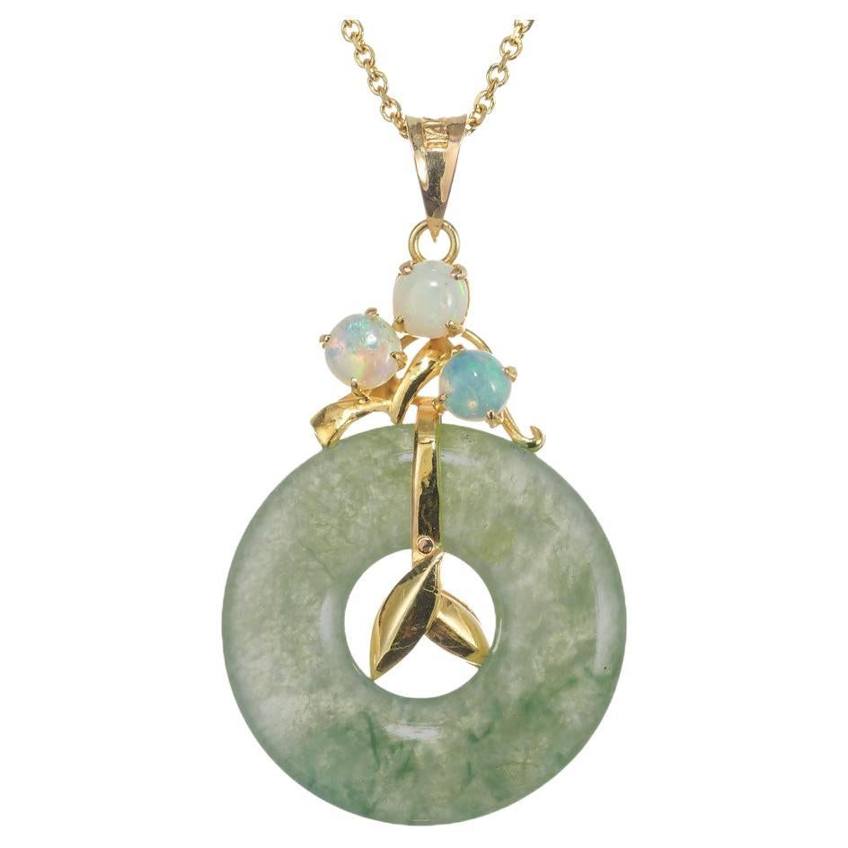 GIA Certified Jadeite Jade Opal Yellow Gold Pendant Necklace