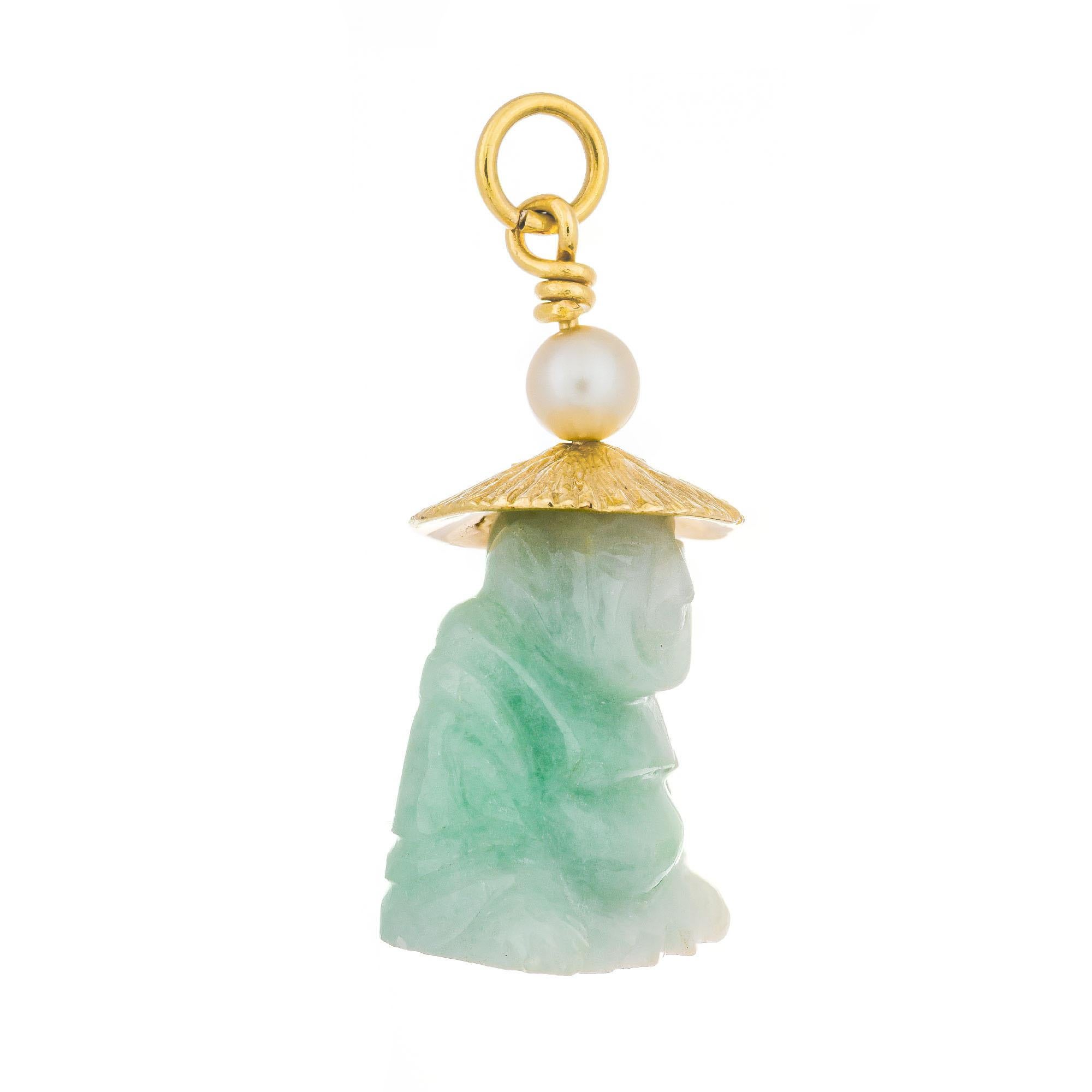 Natural light green translucent Jadeite Jade pearl Buddha pendant with a 14k yellow gold hat and top.

1 carved natural light green Jadeite Jade GIA Certificate # 6187062036
1 Japanese Akoya pearl 
14k yellow gold 
Stamped: 14k
Hallmark: CK
7.7