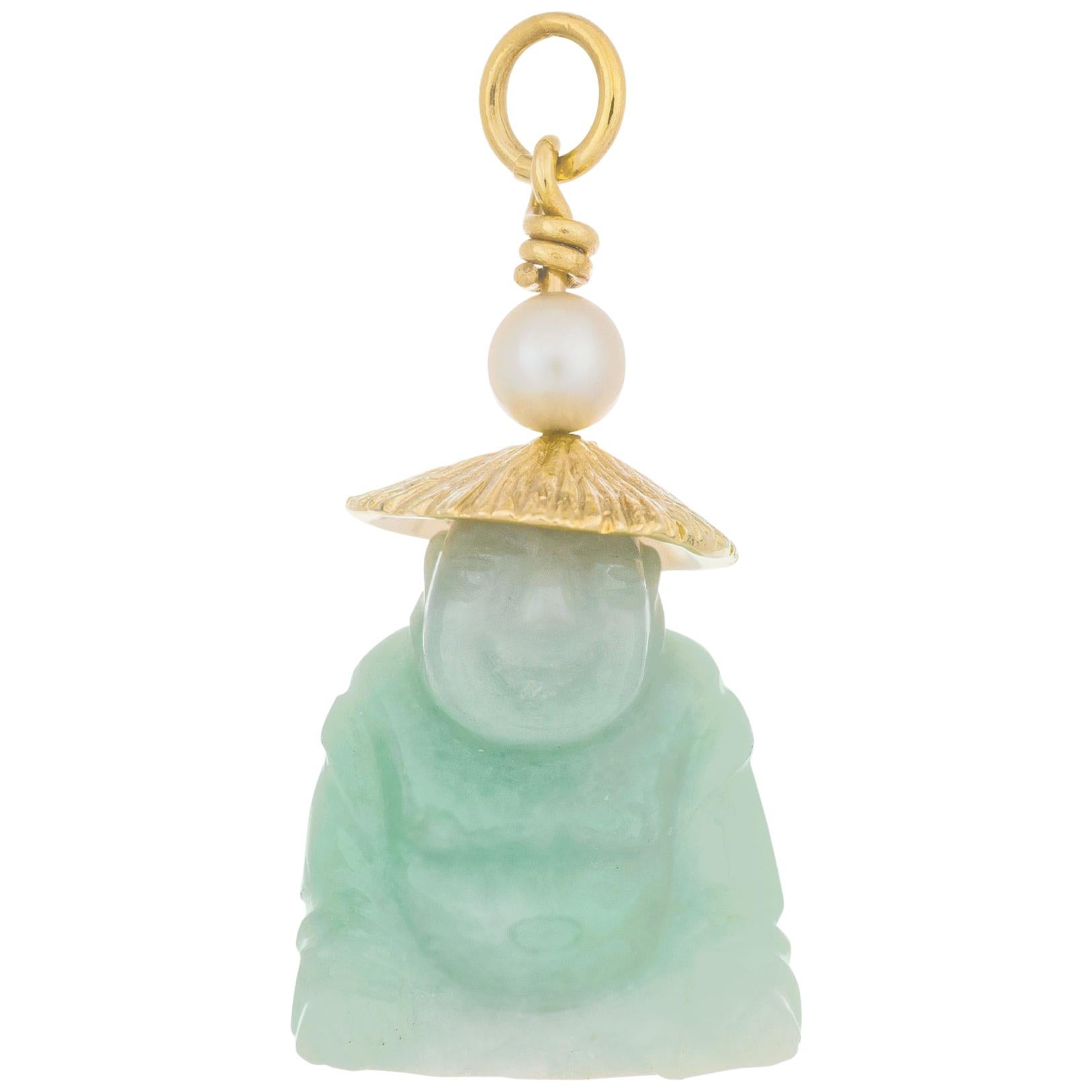 GIA Certified Jadeite Jade Pearl Yellow Gold Buddha Pendant