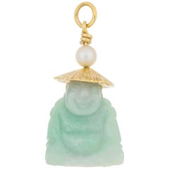 Vintage GIA Certified Jadeite Jade Pearl Yellow Gold Buddha Pendant