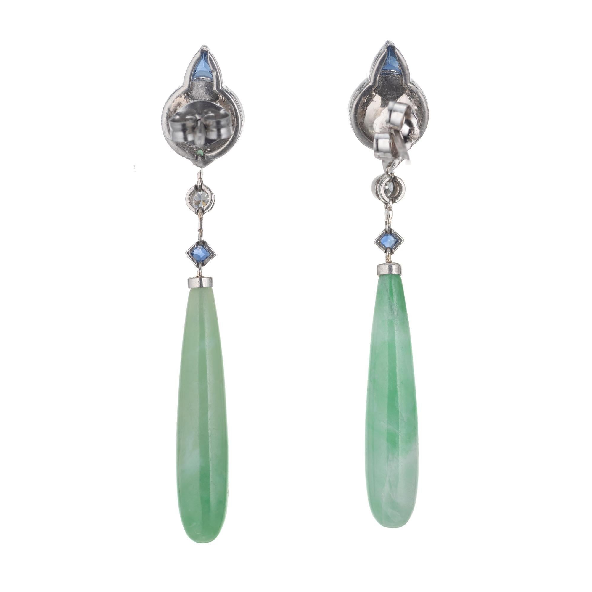 Round Cut GIA Certified Jadeite Jade Sapphire Diamond Platinum Dangle Drop Earrings