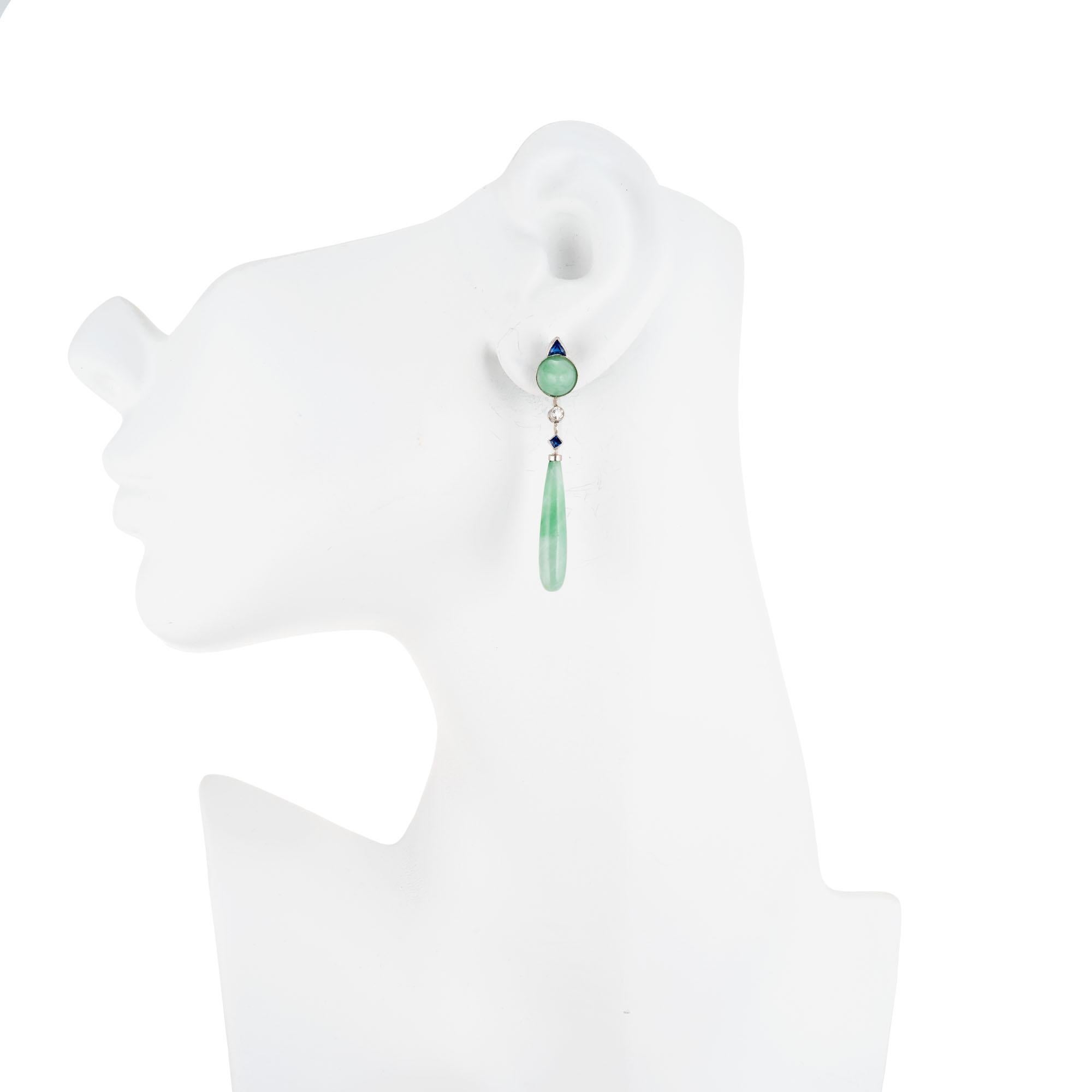 Women's GIA Certified Jadeite Jade Sapphire Diamond Platinum Dangle Drop Earrings