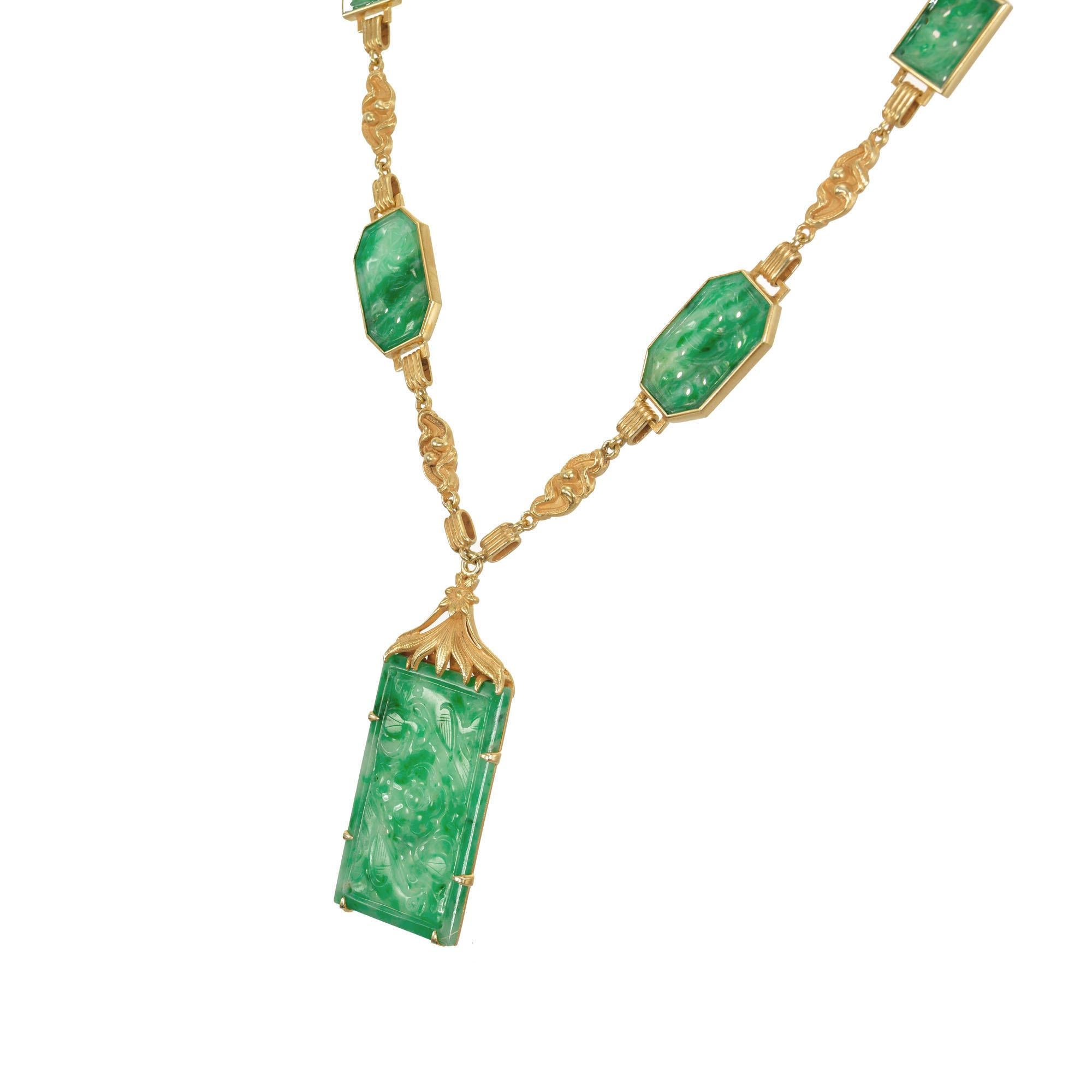Authentic 1900 Art Nouveau 14k yellow gold natural untreated Jadeite Jade carved tablet necklace. 16 inches long. 

8 rectangular pierced carved green jadeite jade tablet, GIA Certificate # 1182255328
14k yellow gold 
Stamped: 14k
Hallmark: R
33.6