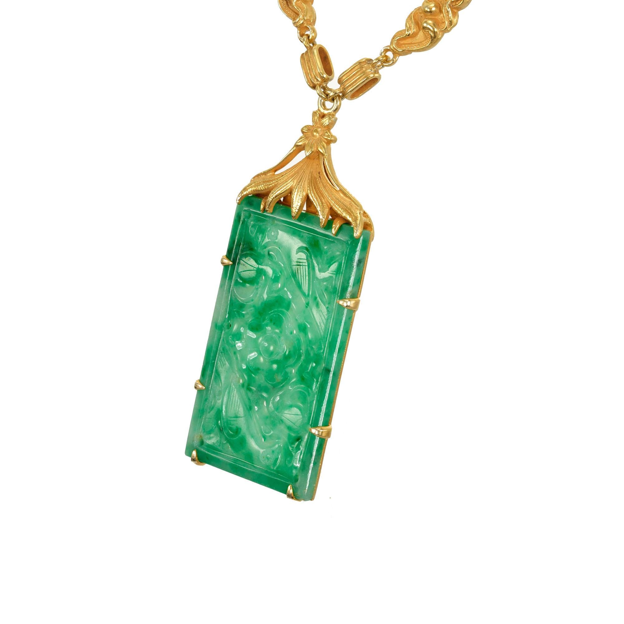 GIA Certified Jadeite Jade Yellow Gold Art Nouveau Tablet Necklace  In Good Condition For Sale In Stamford, CT