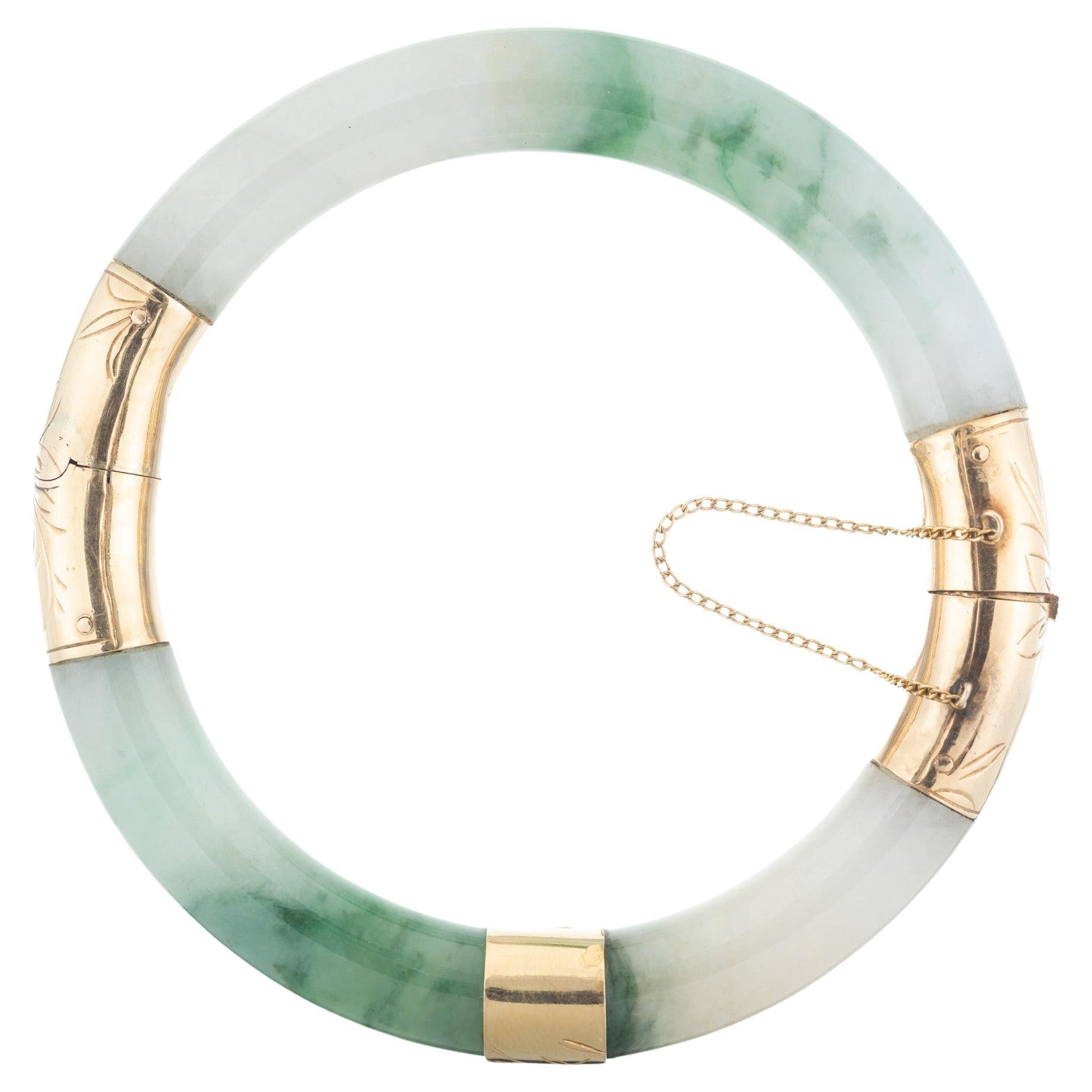 GIA Certified Jadeite Jade Yellow Gold Bangle Bracelet 