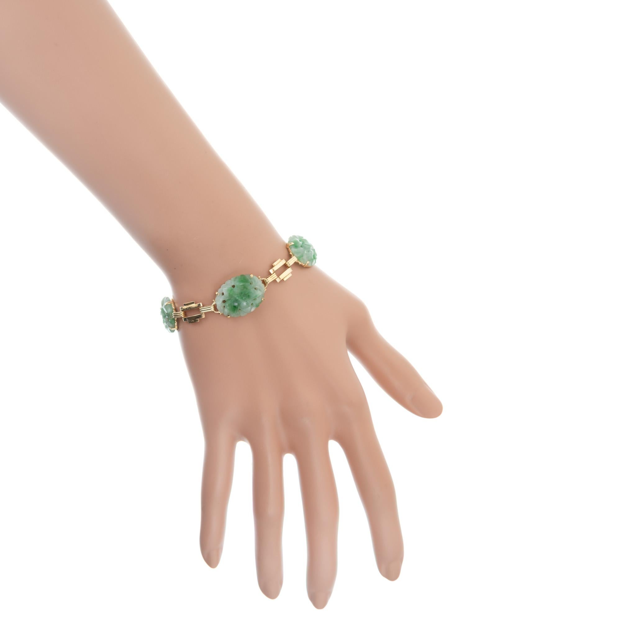 Retro GIA Certified Jadeite Jade Yellow Gold Bracelet For Sale