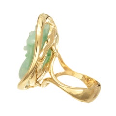 GIA Certified Jadeite Jade Yellow Gold Carved Cat Cocktail Ring