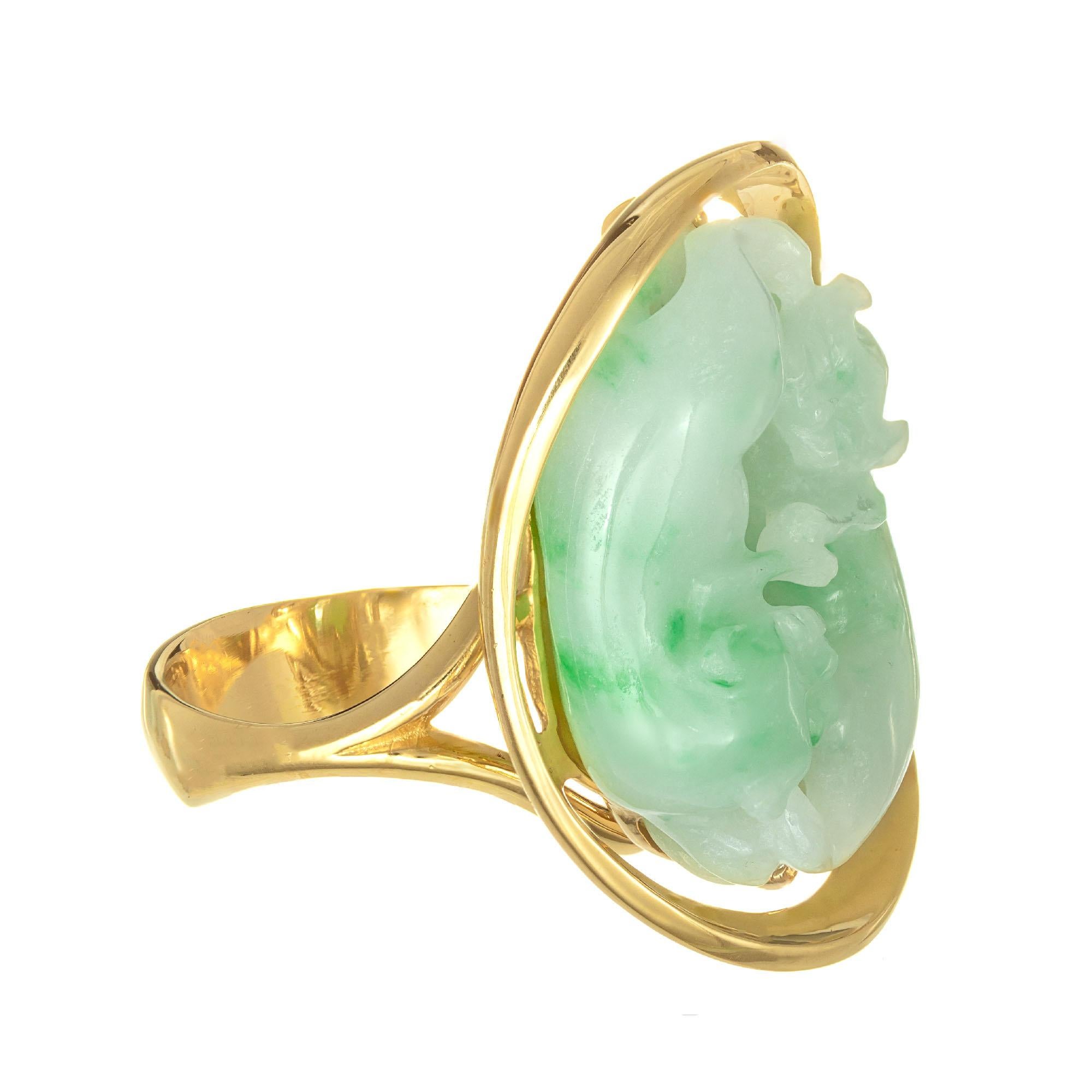 Women's GIA Certified Jadeite Jade Yellow Gold Carved Cat Cocktail Ring For Sale