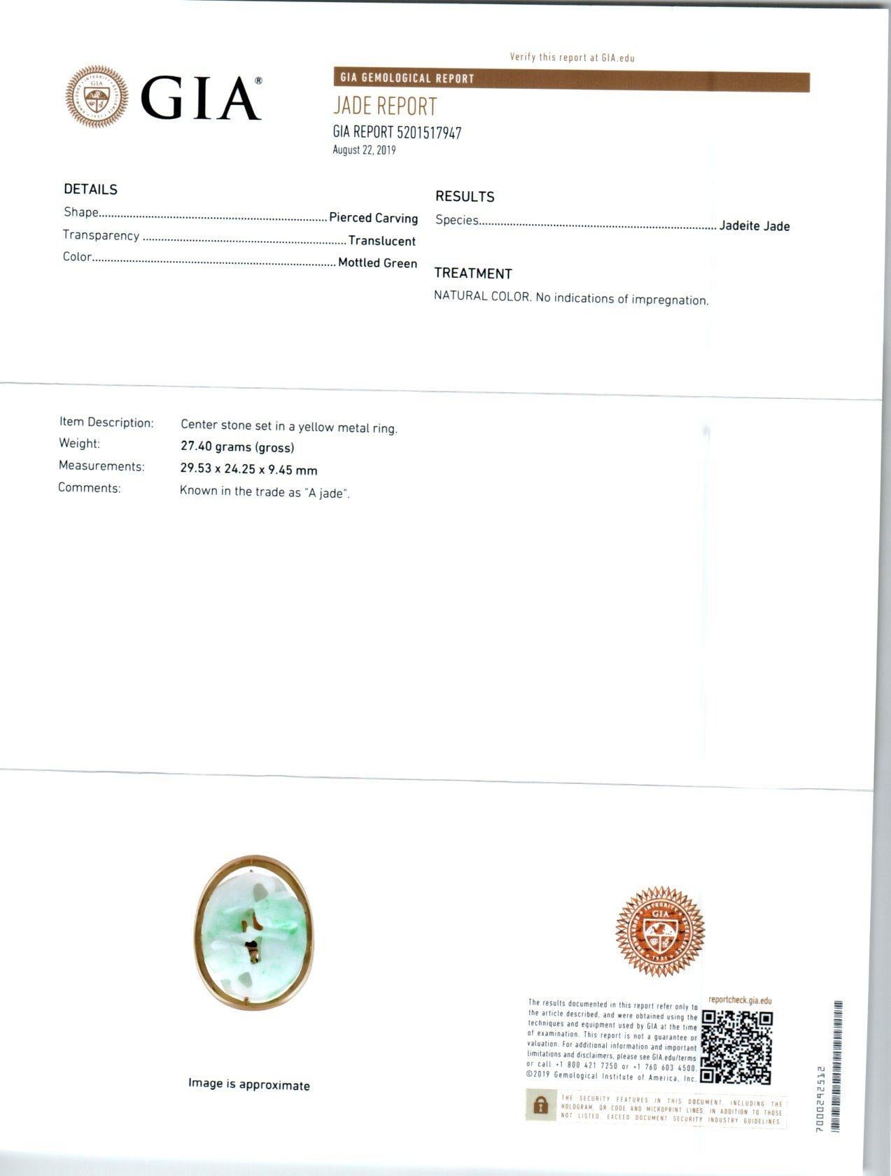 GIA-zertifizierter Jadeit Jade Gelbgold geschnitzter Katzen-Cocktailring im Angebot 1