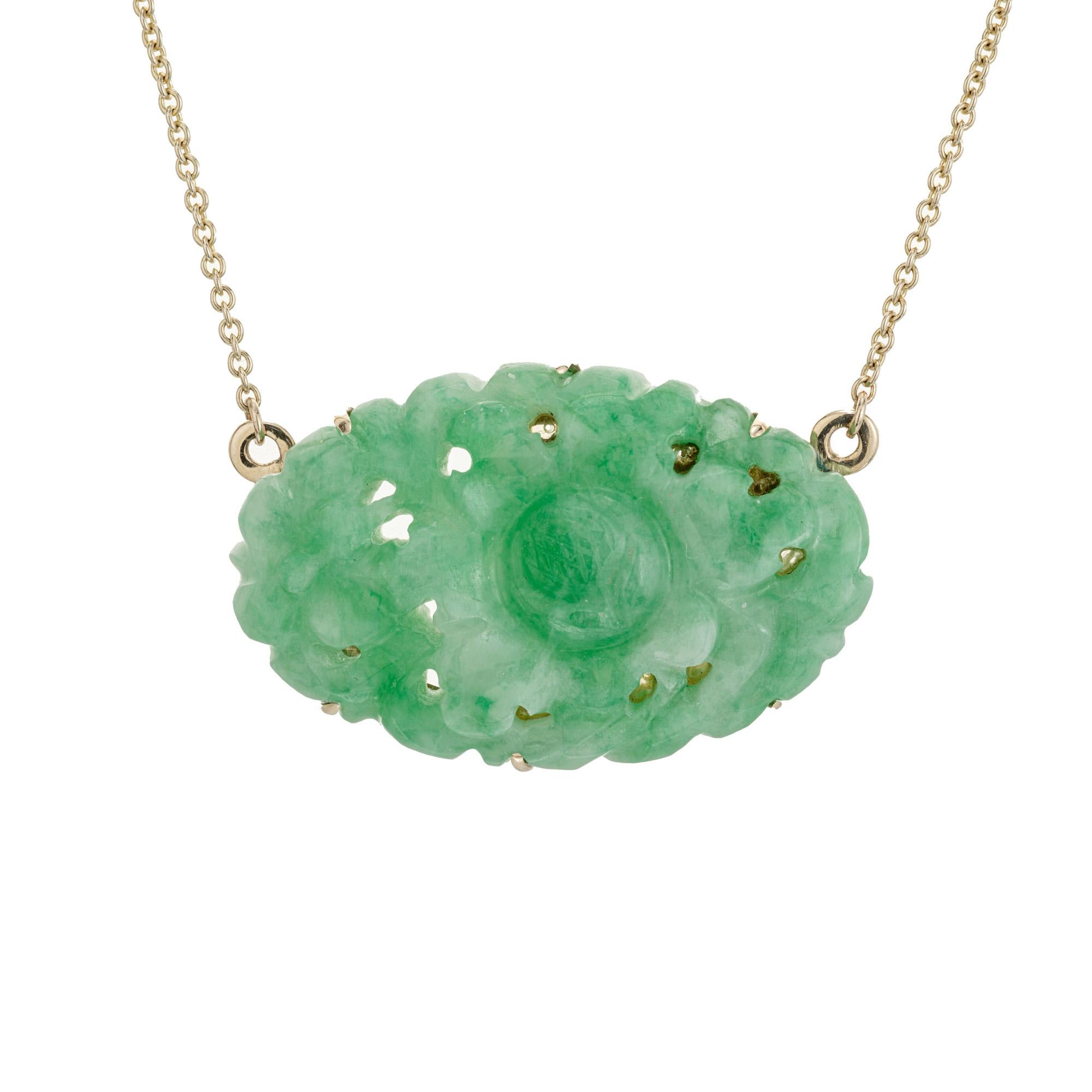 GIA Certified Jadeite Jade Yellow Gold Carved Flower Pendant Necklace For Sale