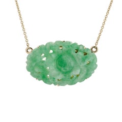 GIA Certified Jadeite Jade Yellow Gold Carved Flower Pendant Necklace