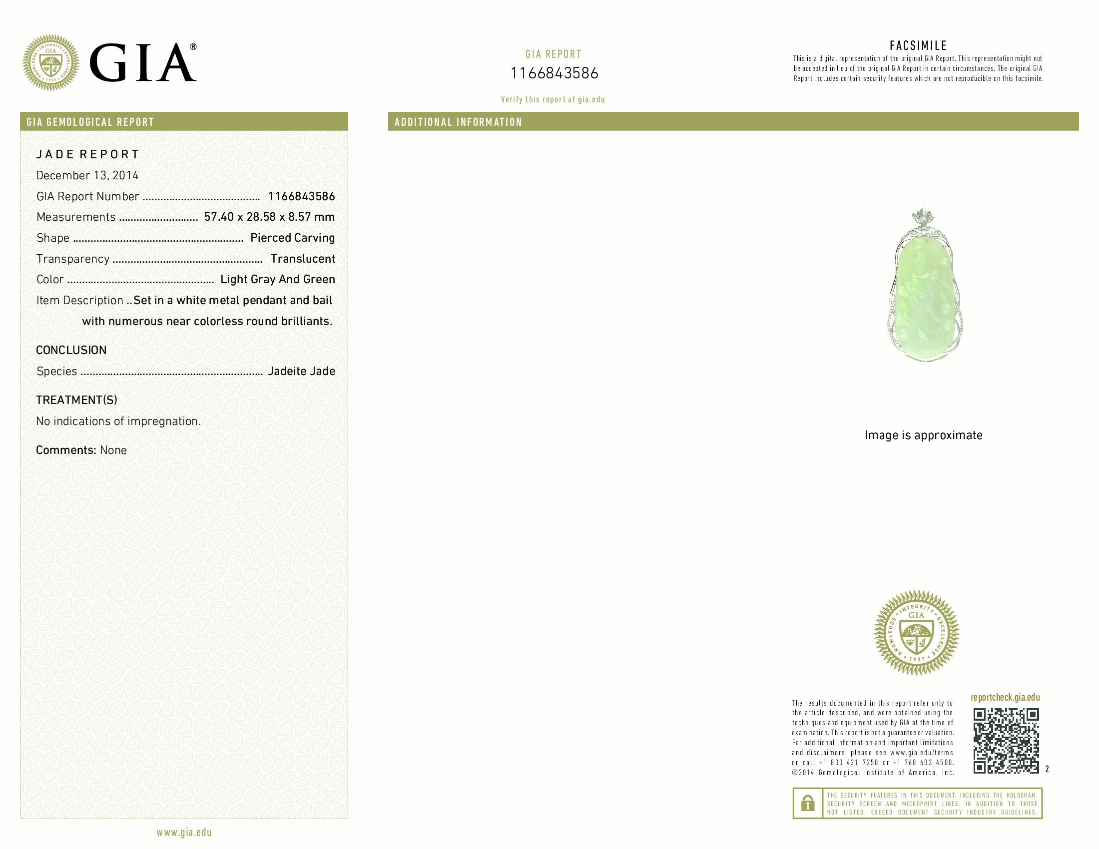 Ciondolo con intaglio di giadeite Kwan Yin certificato GIA e diamanti in oro 18 carati In condizioni Nuovo in vendita a LA, CA