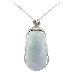 GIA Certified Jadeite Kwan Yin Carving Pendant with Diamonds in 18K Gold