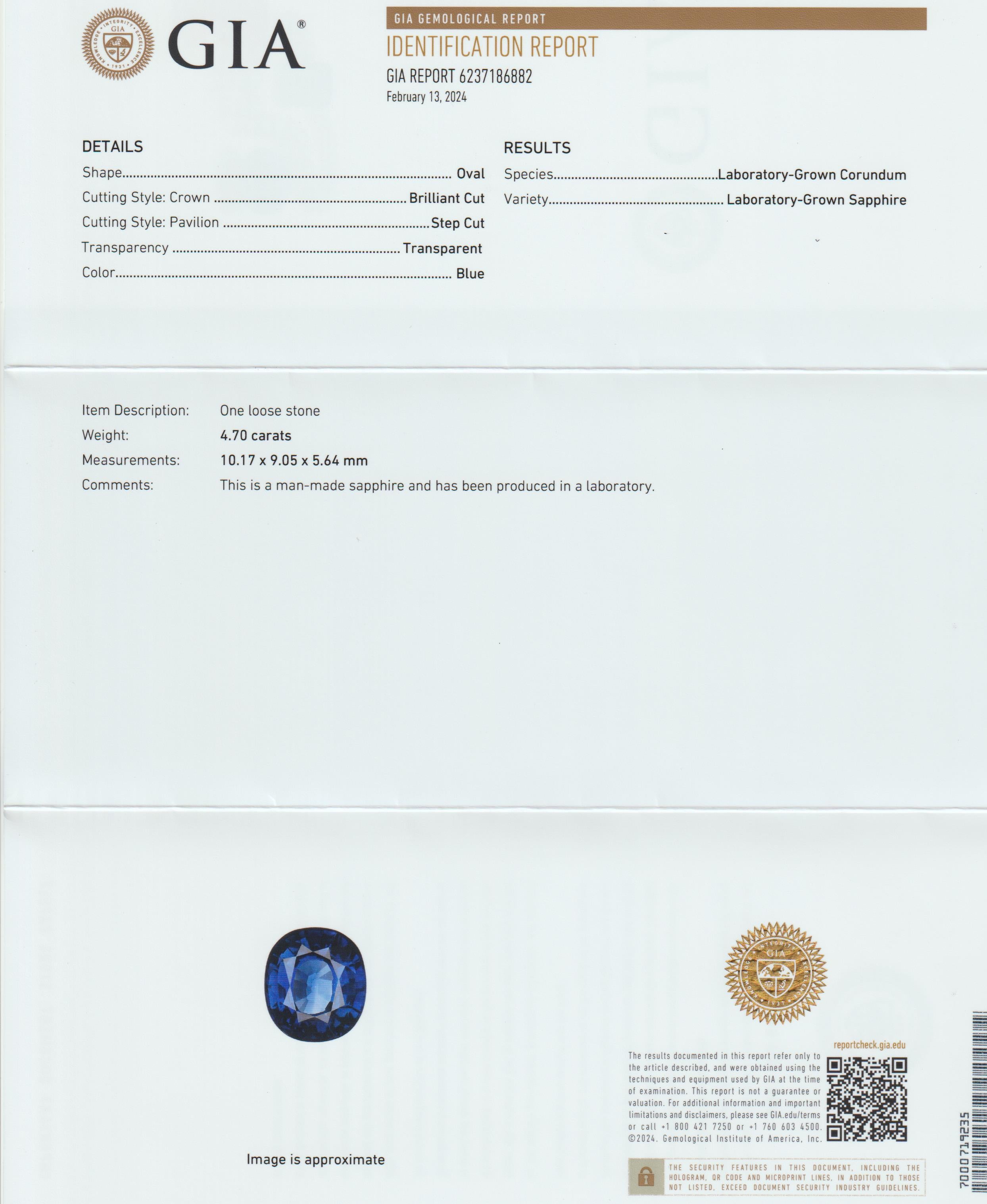 Zafiro de Laboratorio Certificado GIA Talla Oval 4,70cts. Anillo de oro amarillo de 18k y diamantes en venta 1