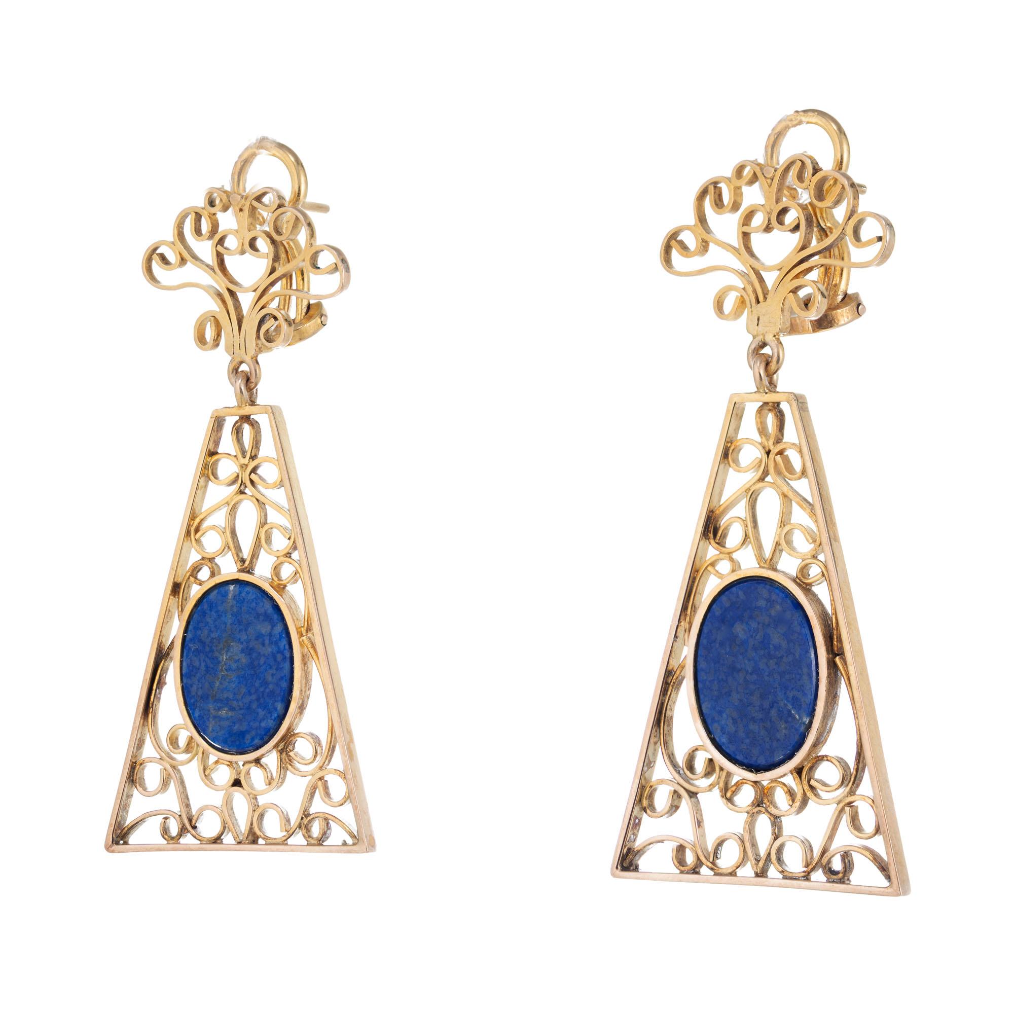 Mid-Century handmade 14k yellow gold Lapis, long dangle chandelier earrings. 2 oval GIA certified lapis set in yellow gold with clip post tops, hand formed wire tops and bottoms.

2 oval Lapis GIA certificate #1142666024, 14.3 x 10.5 x 2.25mm
14k