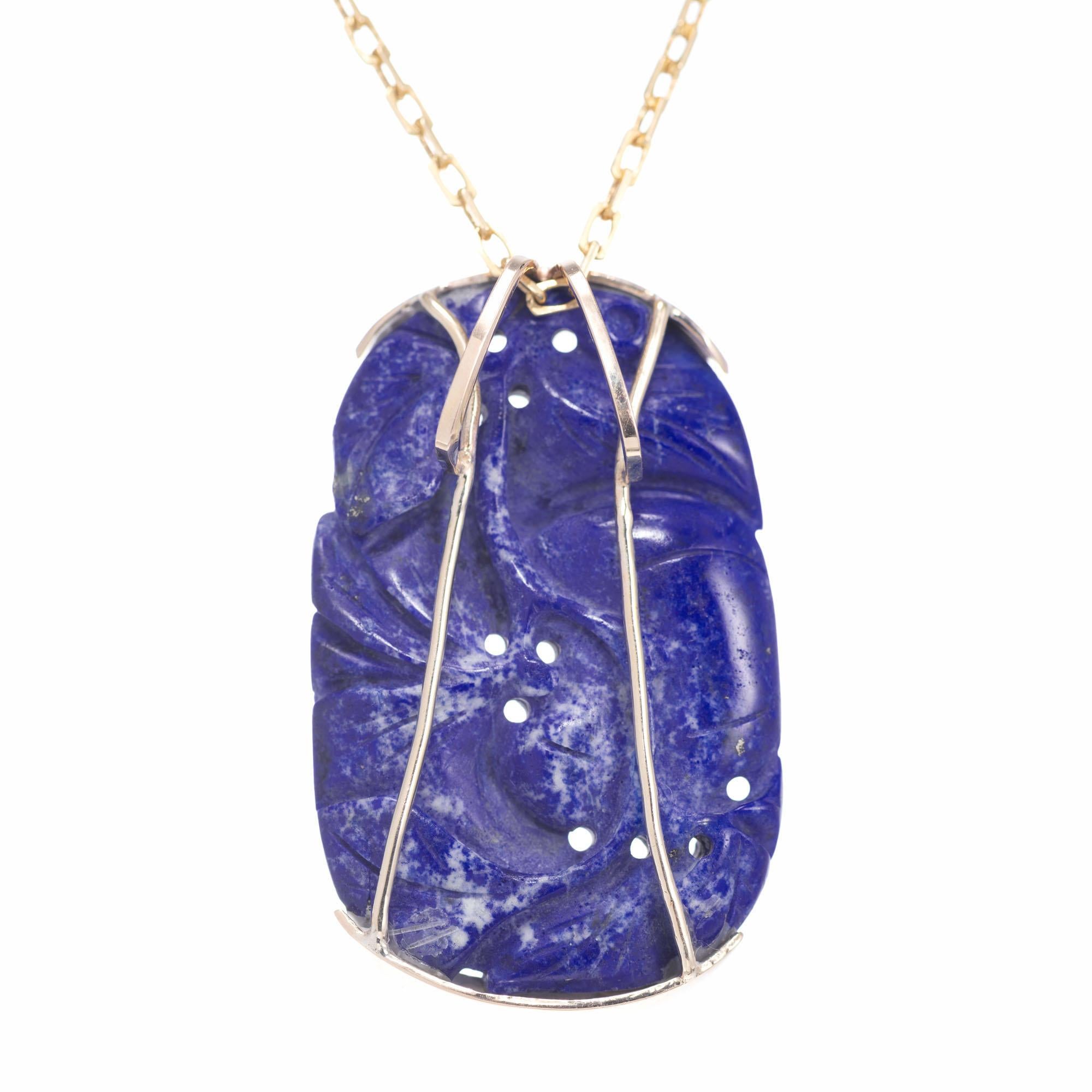 Oval Cut GIA Certified Lapis Yellow Gold Carved Pendant Necklace For Sale