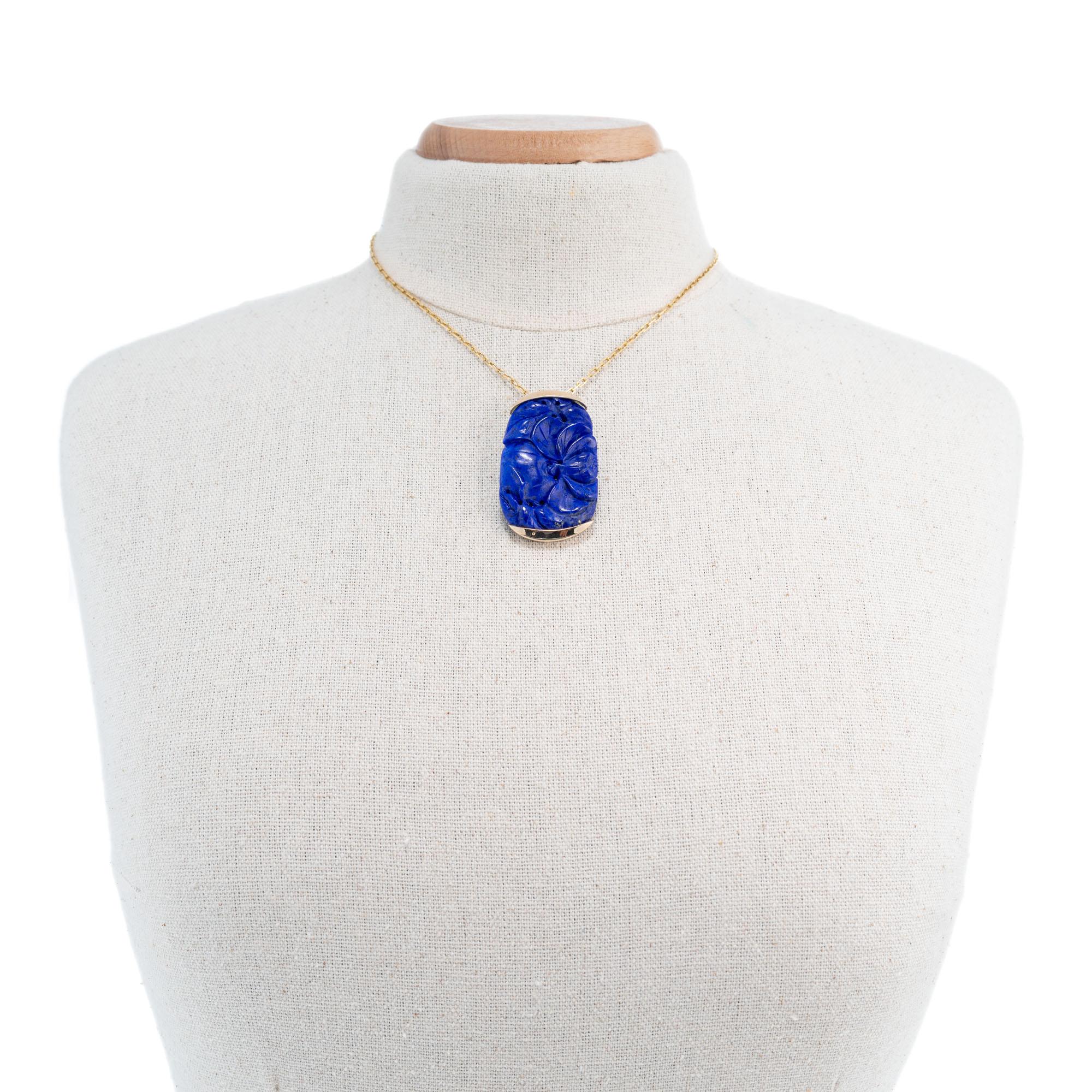 GIA Certified Lapis Yellow Gold Carved Pendant Necklace In Excellent Condition For Sale In Stamford, CT