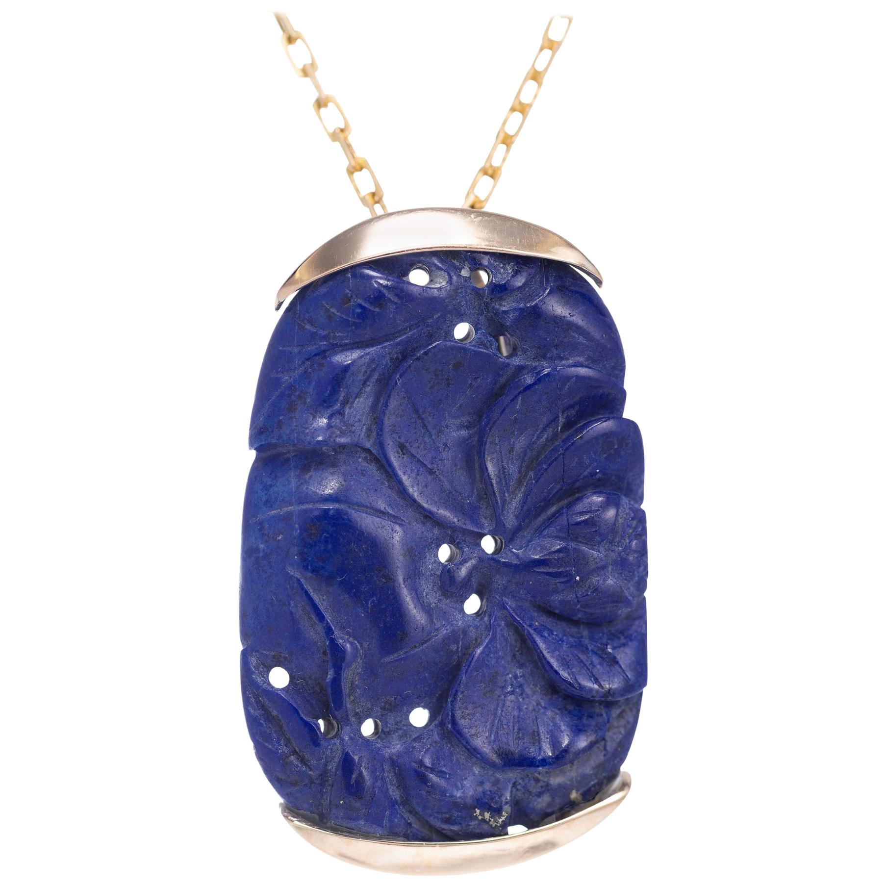 GIA Certified Lapis Yellow Gold Carved Pendant Necklace