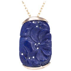 GIA Certified Lapis Yellow Gold Carved Pendant Necklace