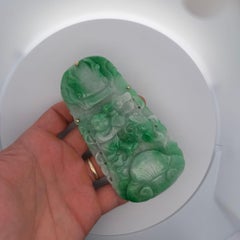 GIA Certified Large Carved Jadeite Jade Fei Cui Boy Turtle Yellow Gold Pendant