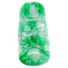 GIA Certified Large Carved Jadeite Jade Fei Cui Boy Turtle Yellow Gold Pendant