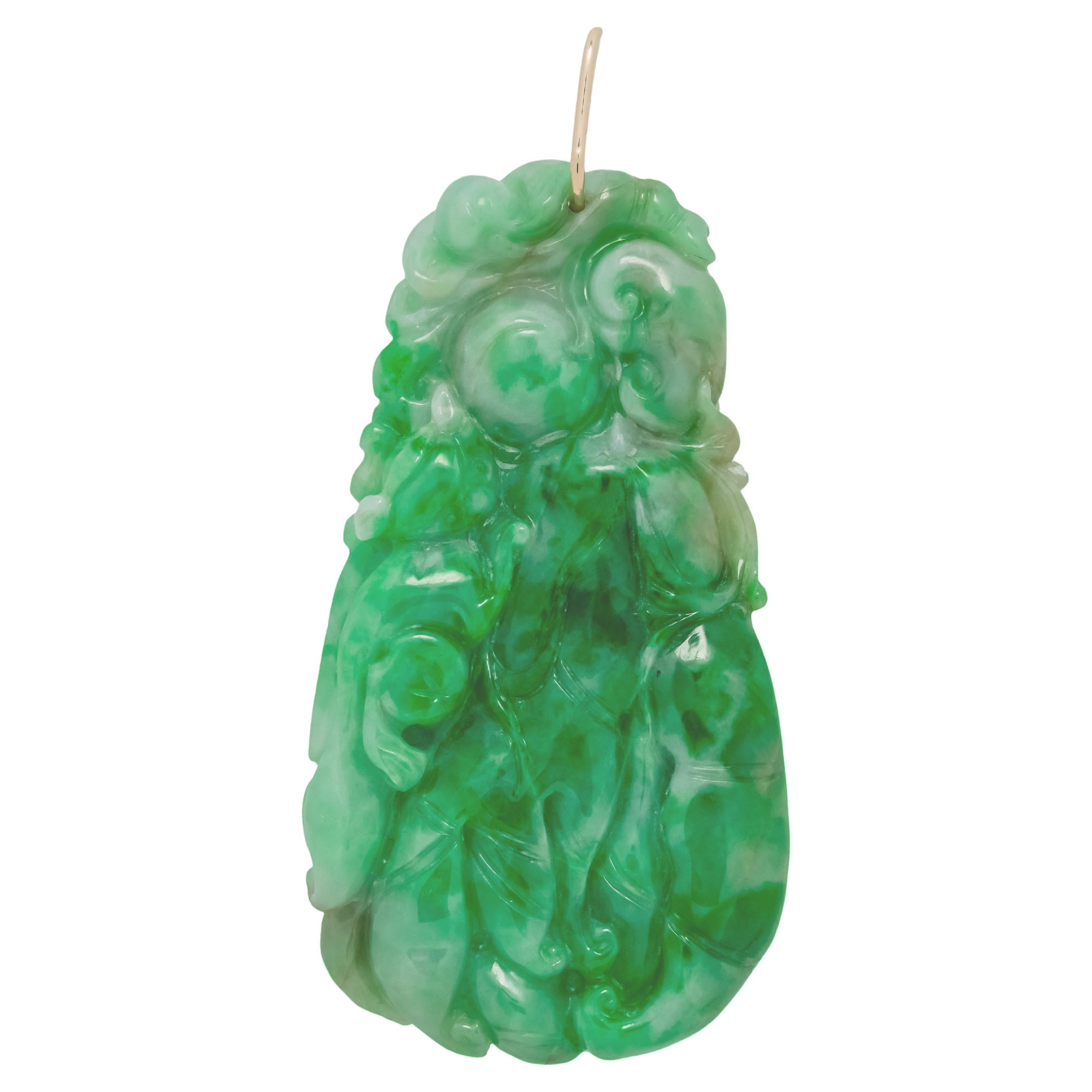 GIA Certified Large Carved Jadeite Jade Gold Pendant