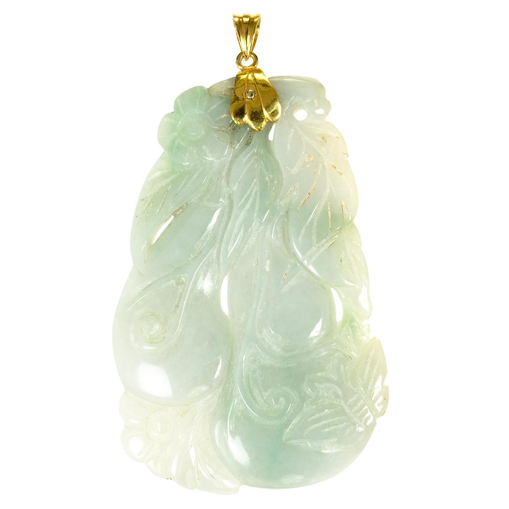 GIA Certified Large Natural Jadeite Jade Carved Gold Pendant For Sale