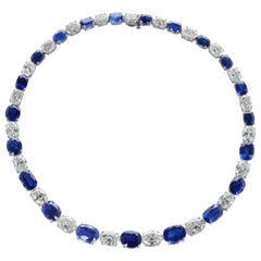 GIA Certified Large Oval Sapphire and Diamond Eternity Platinum Necklace